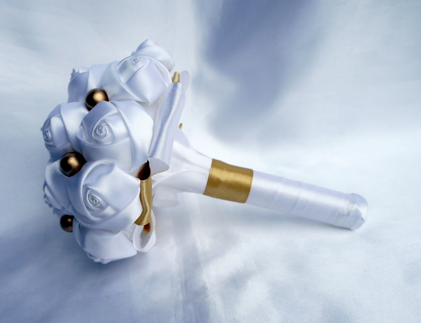 Brides White and Gold Colour Mini Satin Rose Floral Hand Bouquet