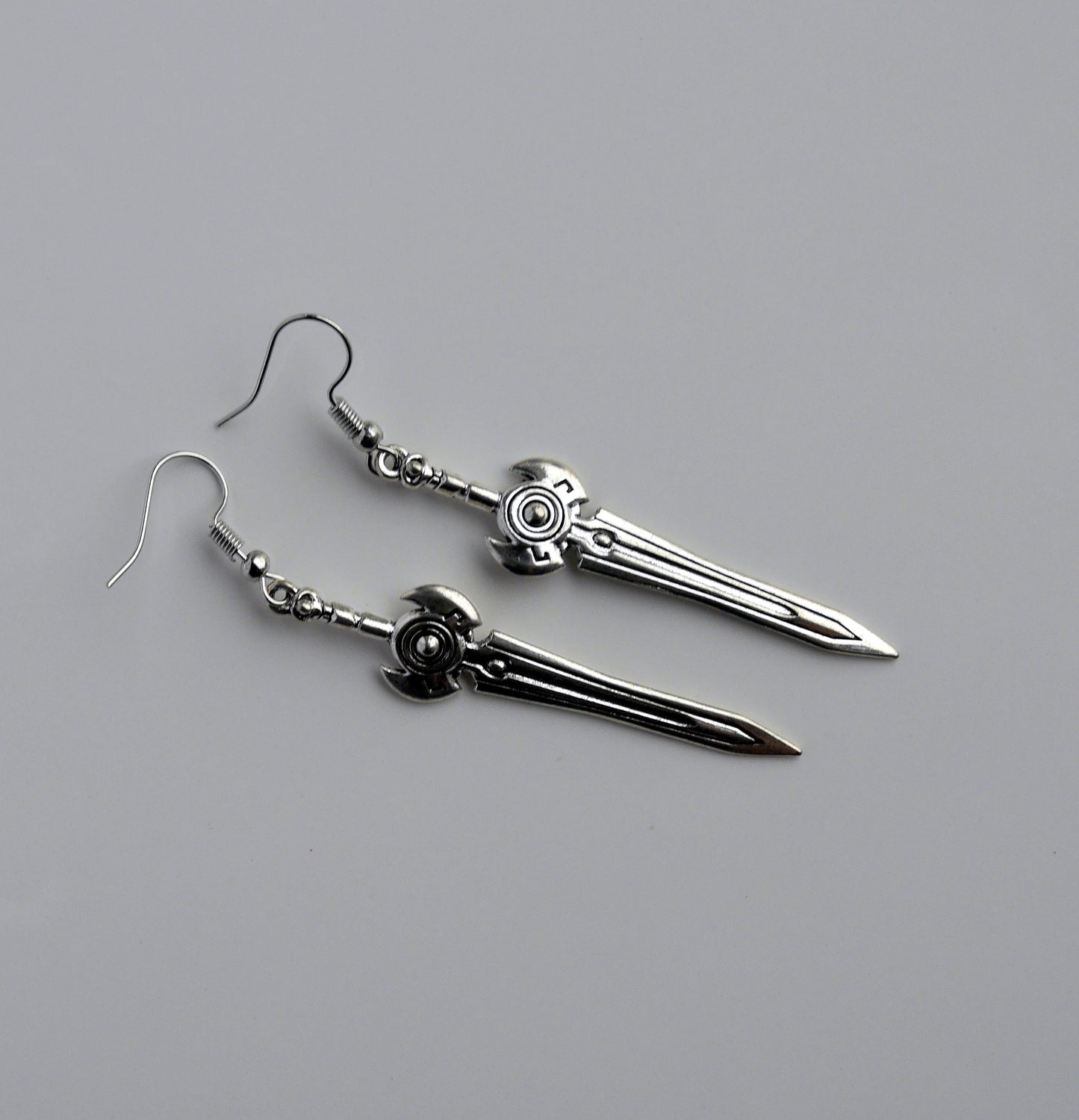 Fantasy Silver Blade Sword Shaped Earrings (Ear Hook, Stud or Clip On)