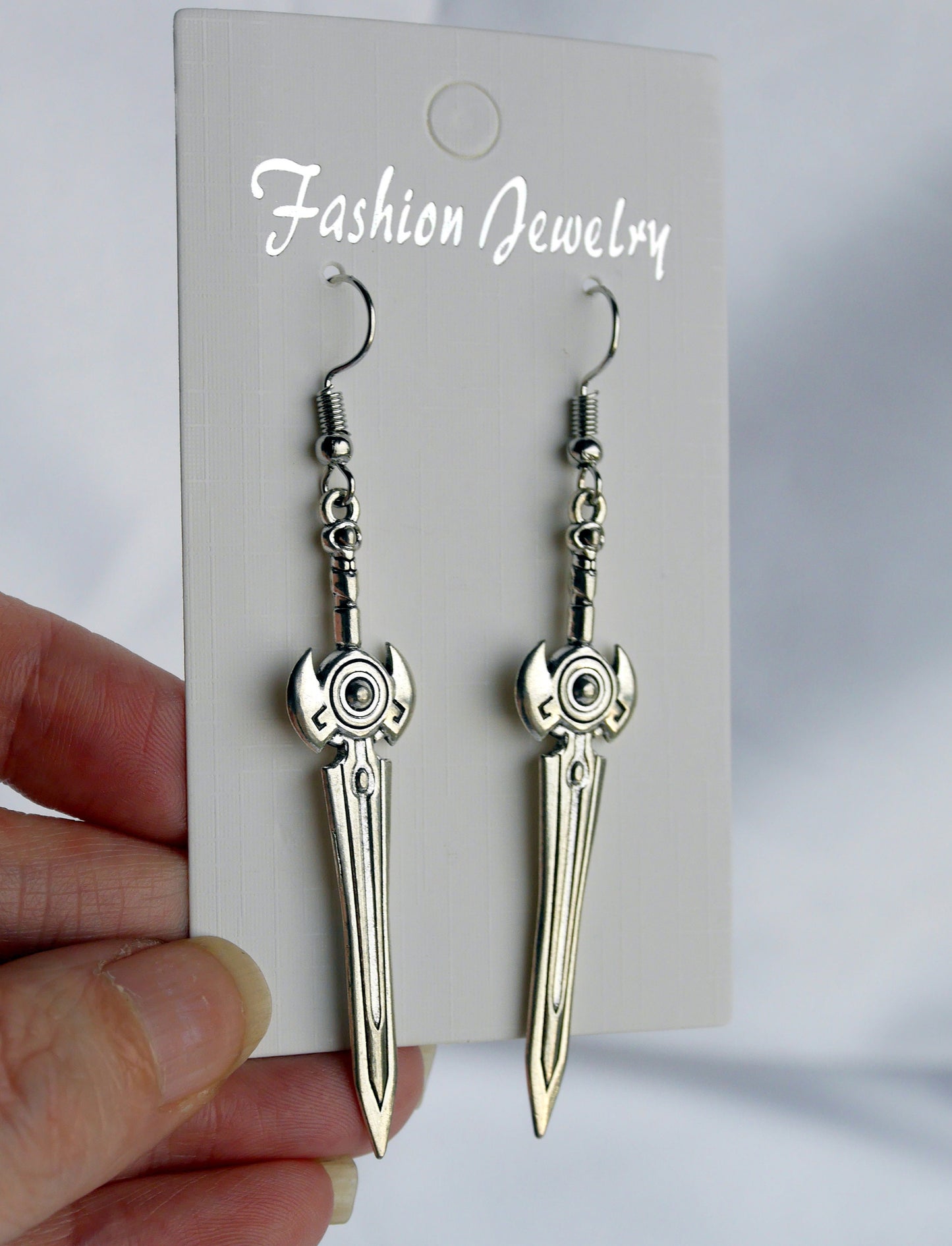 Fantasy Silver Blade Sword Shaped Earrings (Ear Hook, Stud or Clip On)