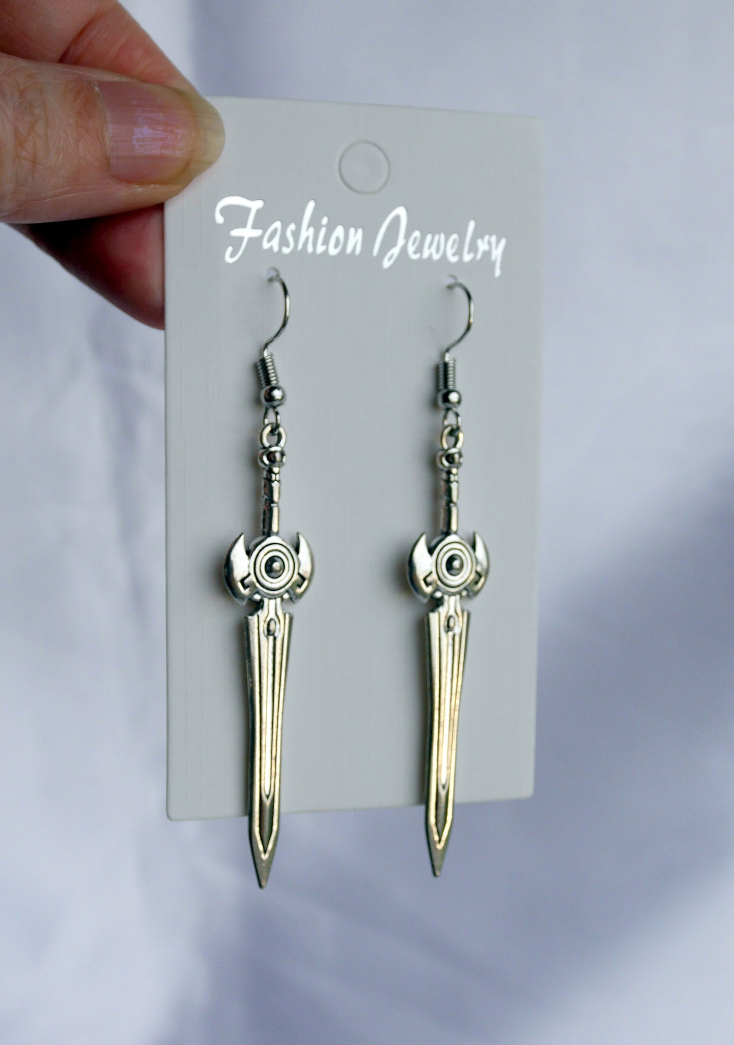 Fantasy Silver Blade Sword Shaped Earrings (Ear Hook, Stud or Clip On)