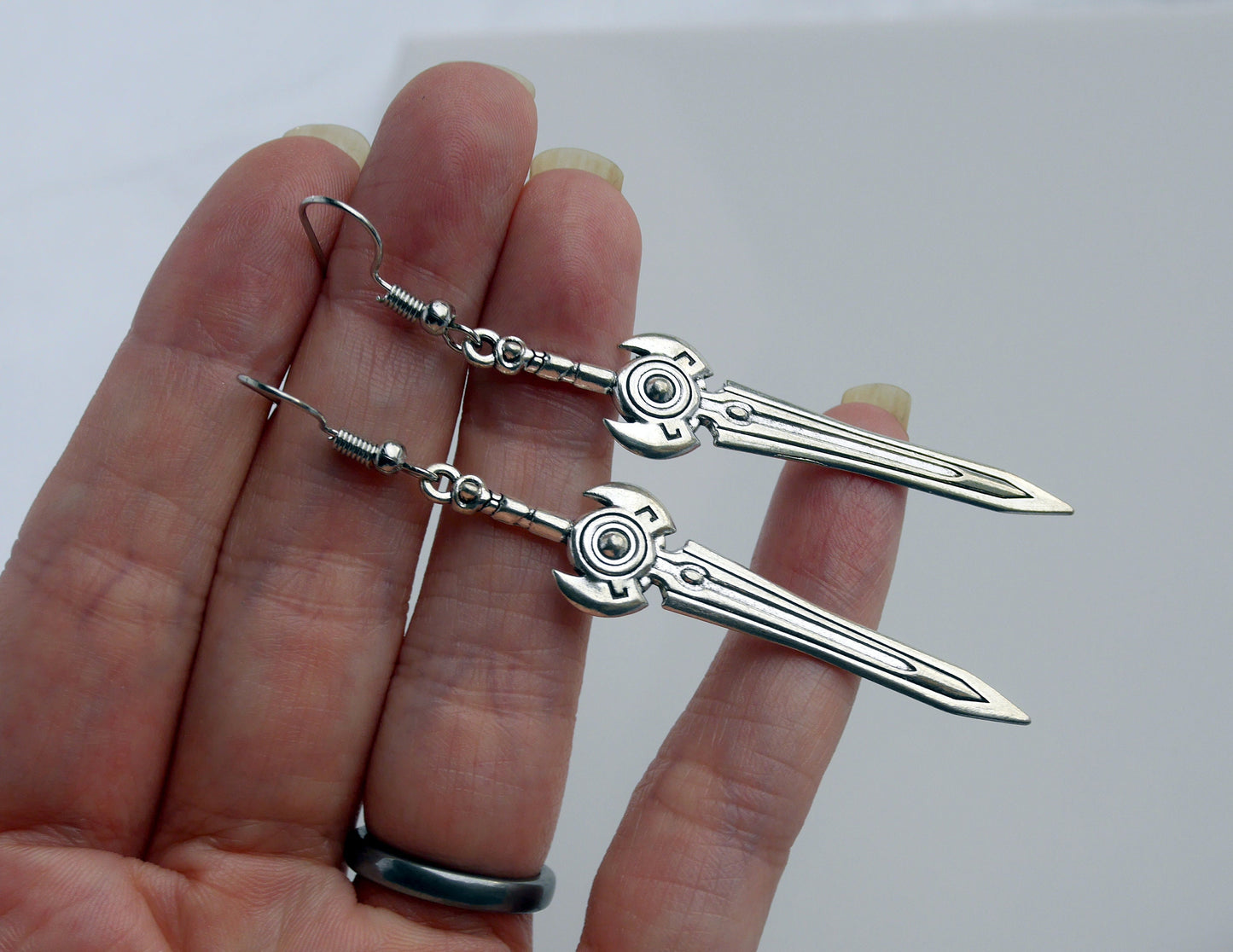 Fantasy Silver Blade Sword Shaped Earrings (Ear Hook, Stud or Clip On)