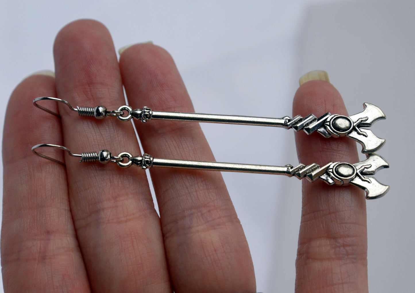 Fantasy Silver Tone Stave Shaped Earrings (Ear Hook, Stud or Clip On)