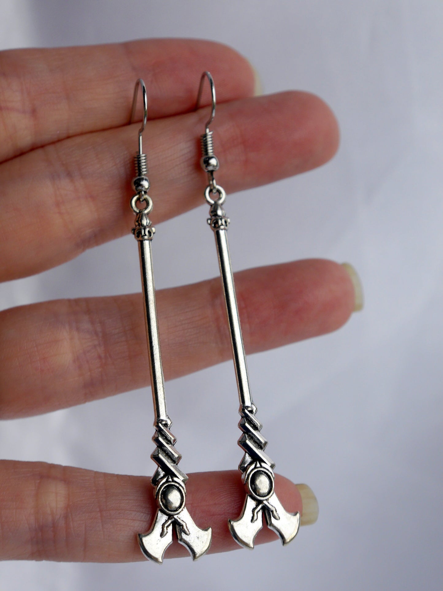 Fantasy Silver Tone Stave Shaped Earrings (Ear Hook, Stud or Clip On)