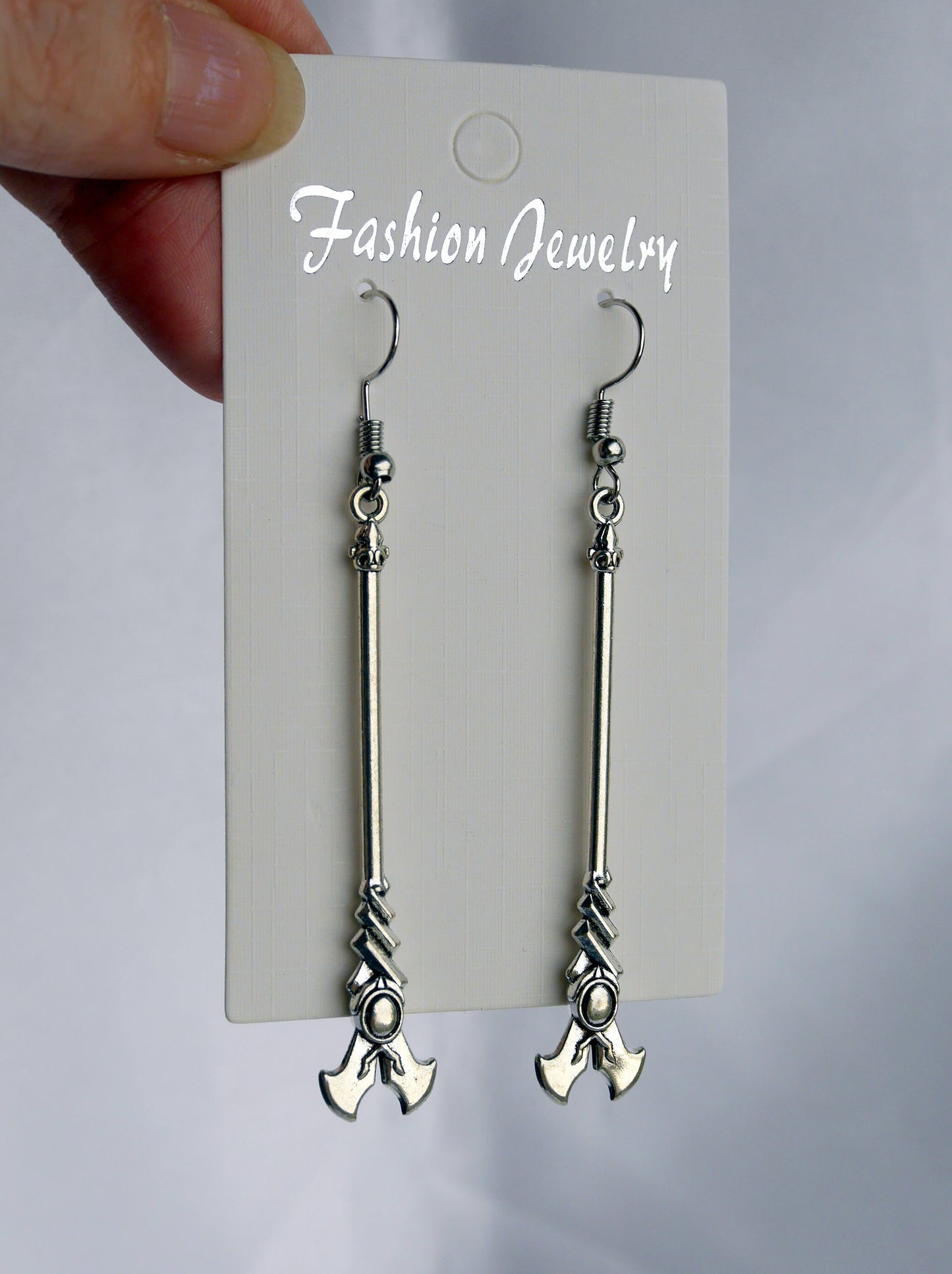 Fantasy Silver Tone Stave Shaped Earrings (Ear Hook, Stud or Clip On)