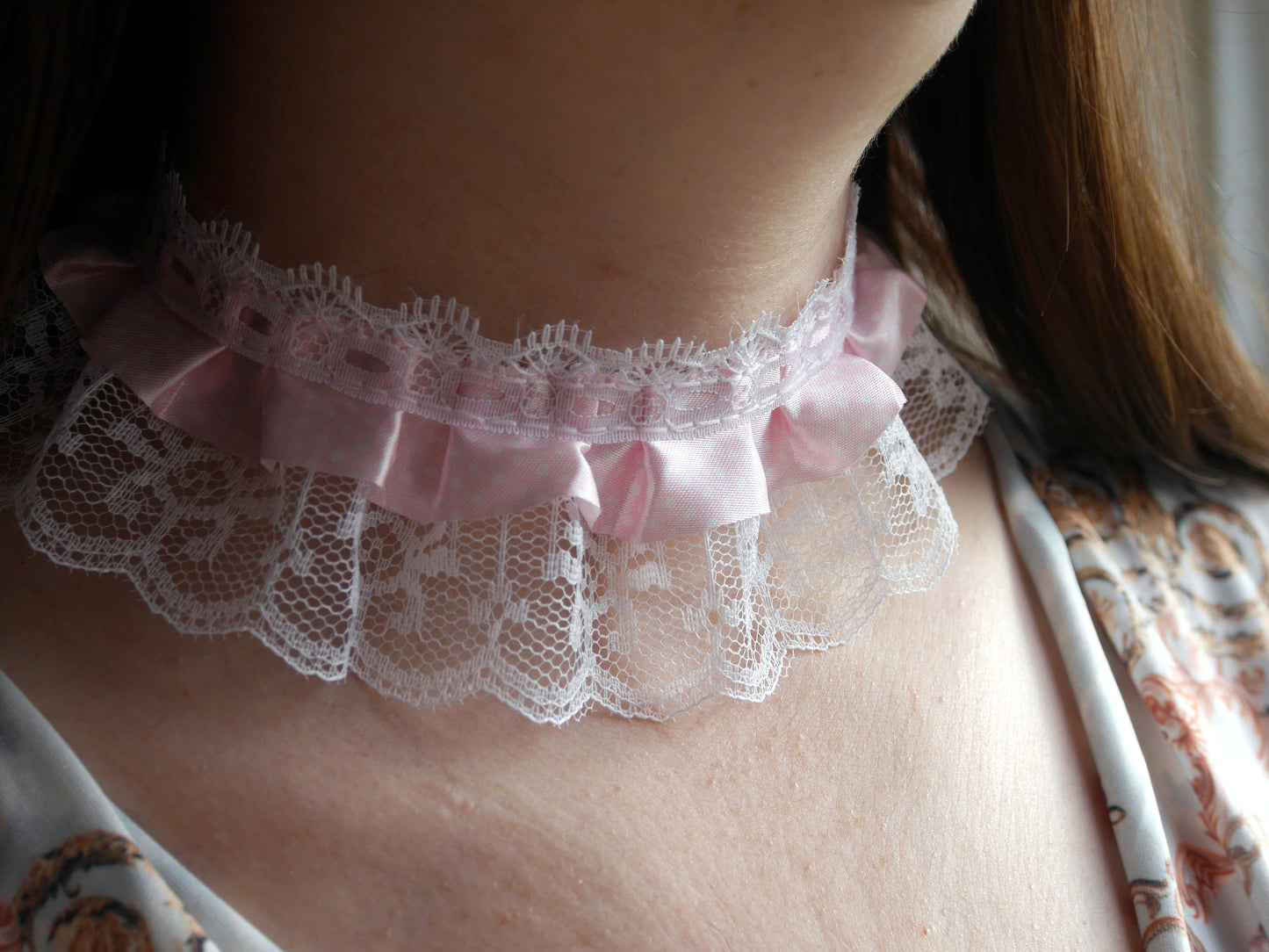 Pink and White Ruffle Lace Choker
