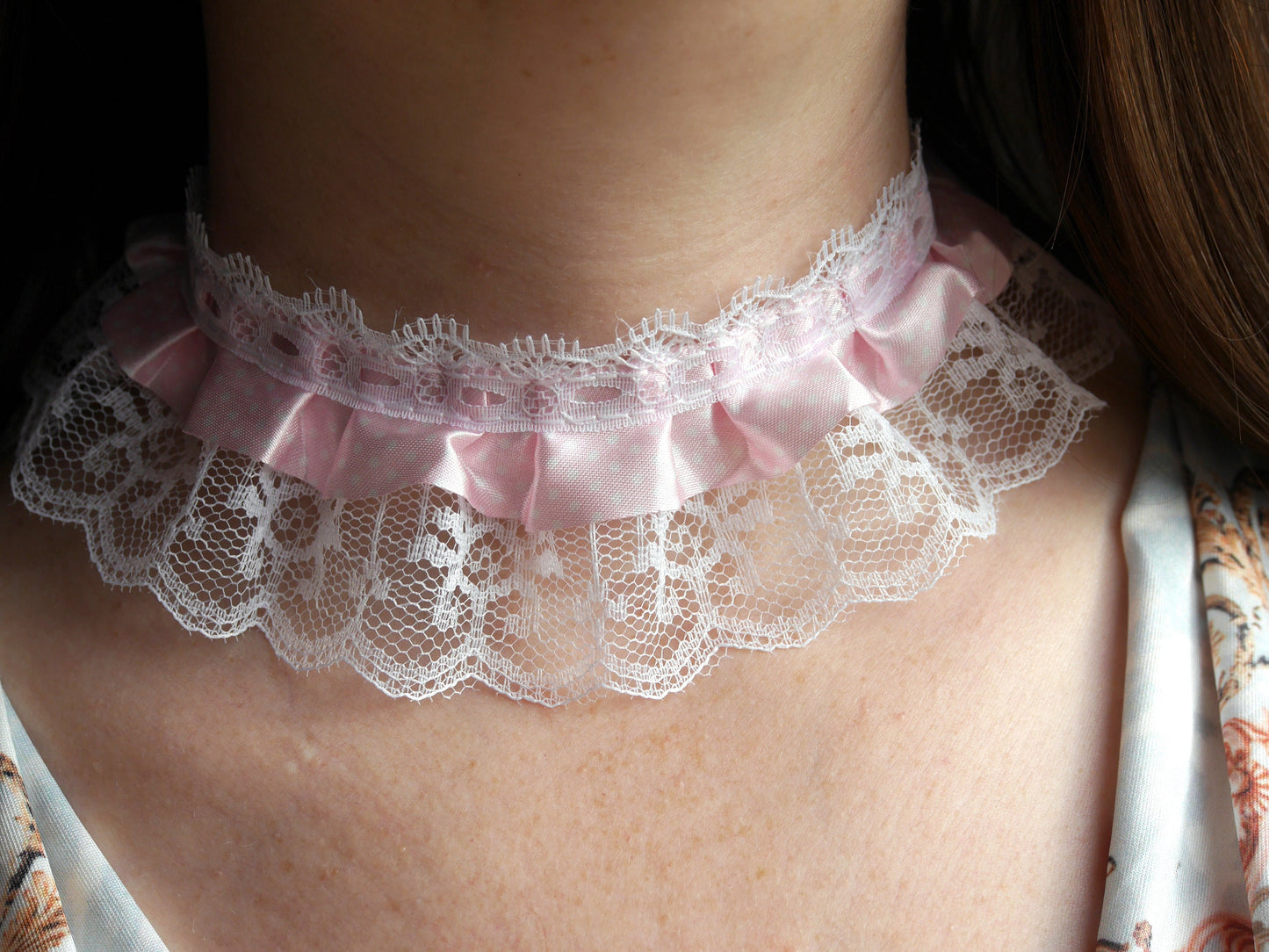Pink and White Ruffle Lace Choker