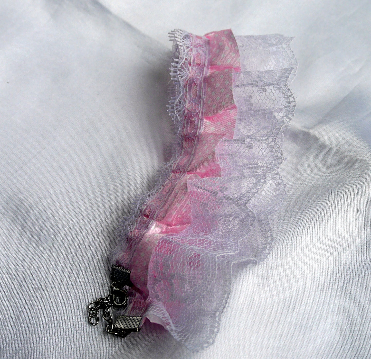 Pink and White Ruffle Lace Choker