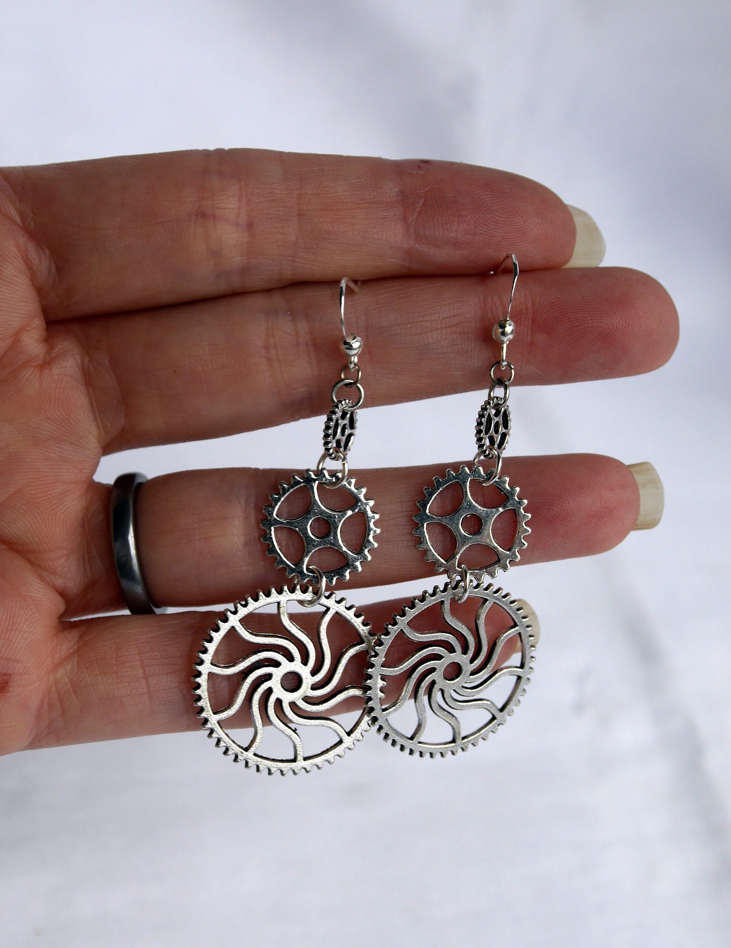 Silver Tone Gear and Cog Steampunk Earrings (Ear Hook, Stud and Clip On)