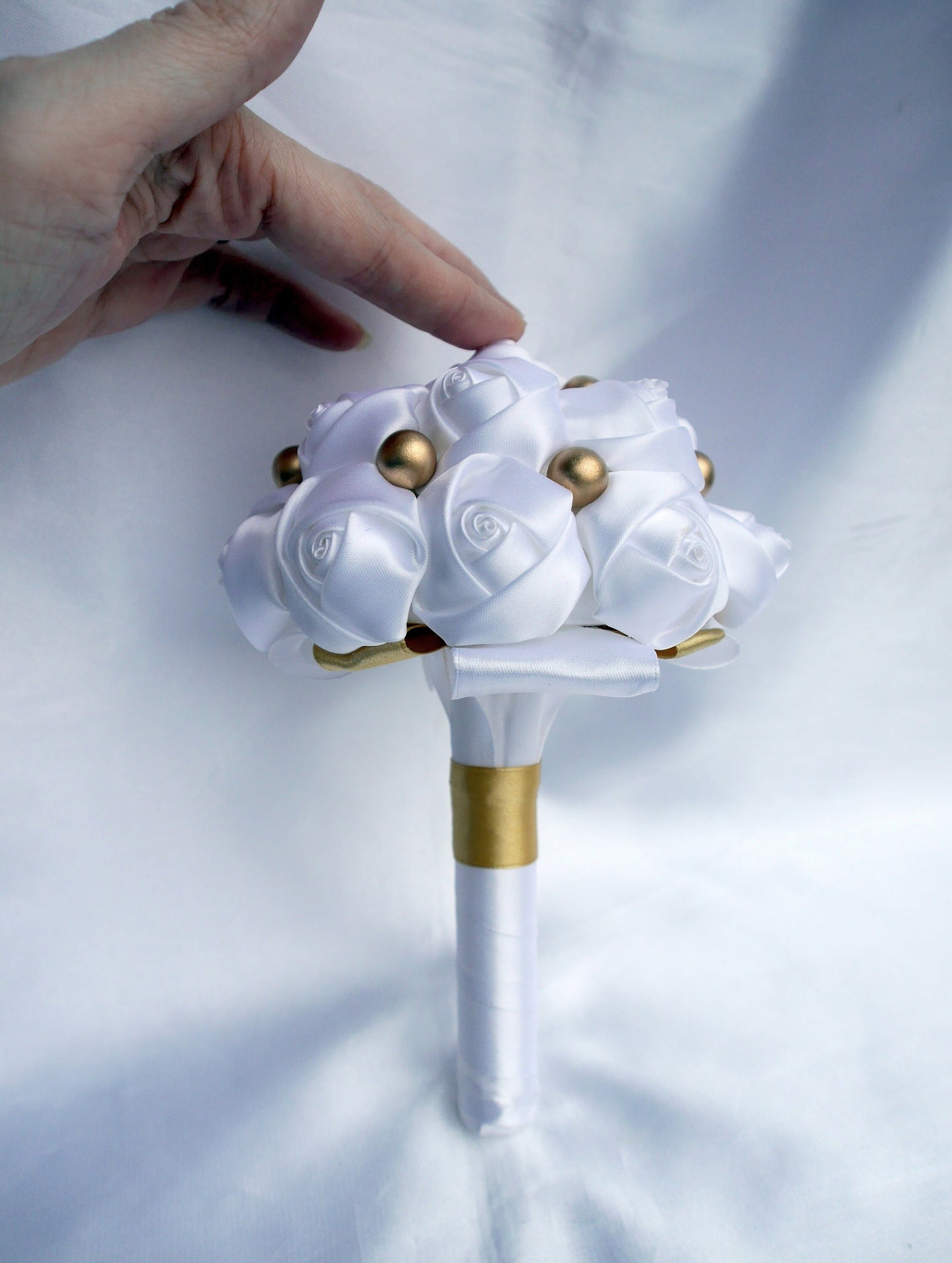 Brides White and Gold Colour Mini Satin Rose Floral Hand Bouquet