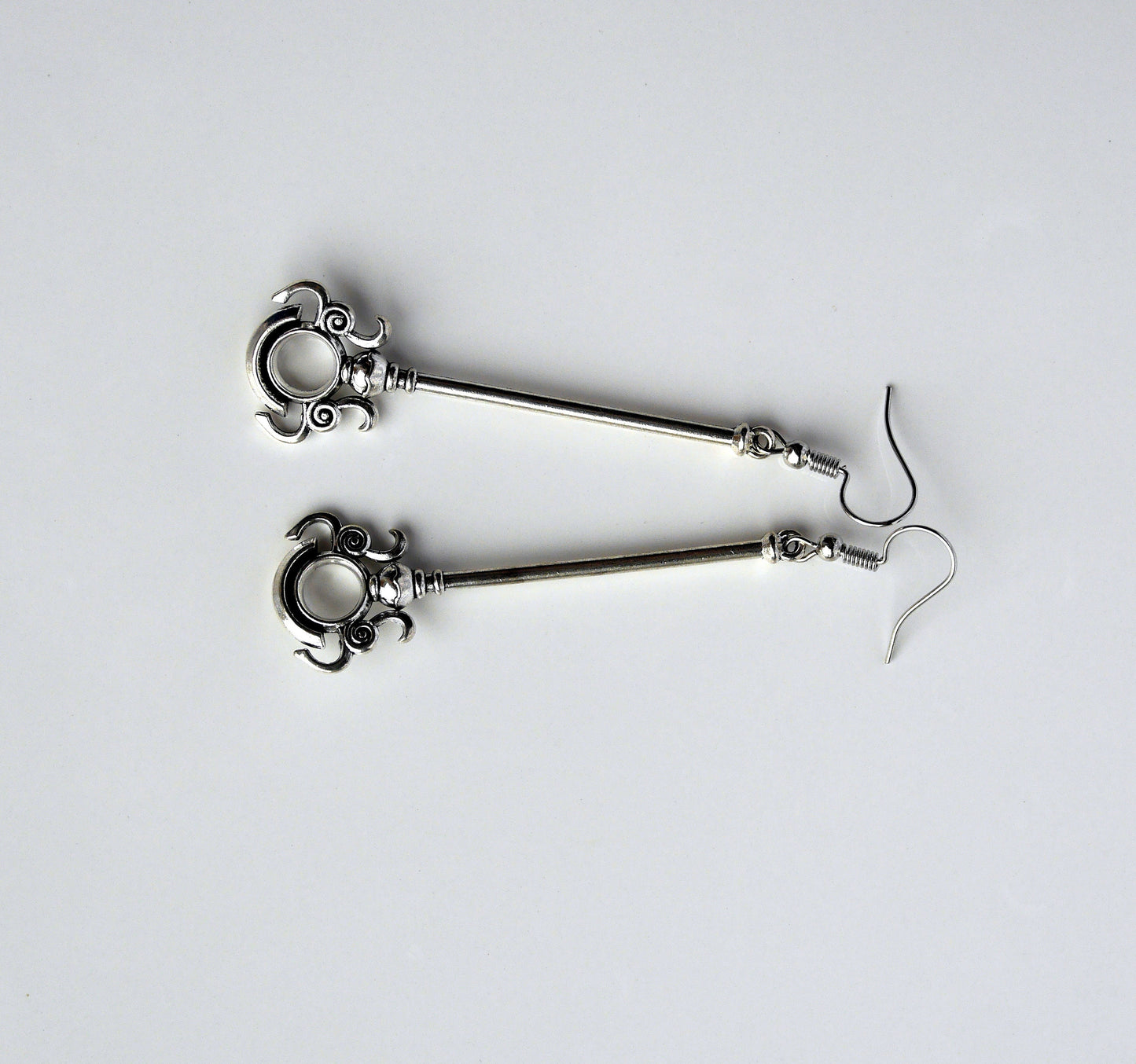 Silver Gamer Fantasy Two Handed Stave Weapon Earrings (Ear Hook, Stud and Clip On)