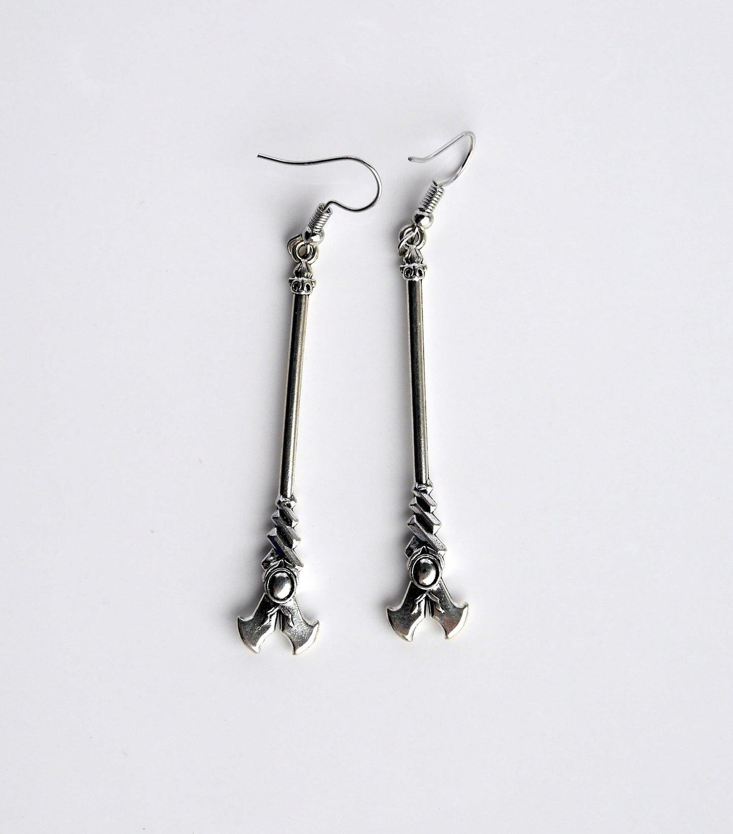 Fantasy Silver Tone Stave Shaped Earrings (Ear Hook, Stud or Clip On)