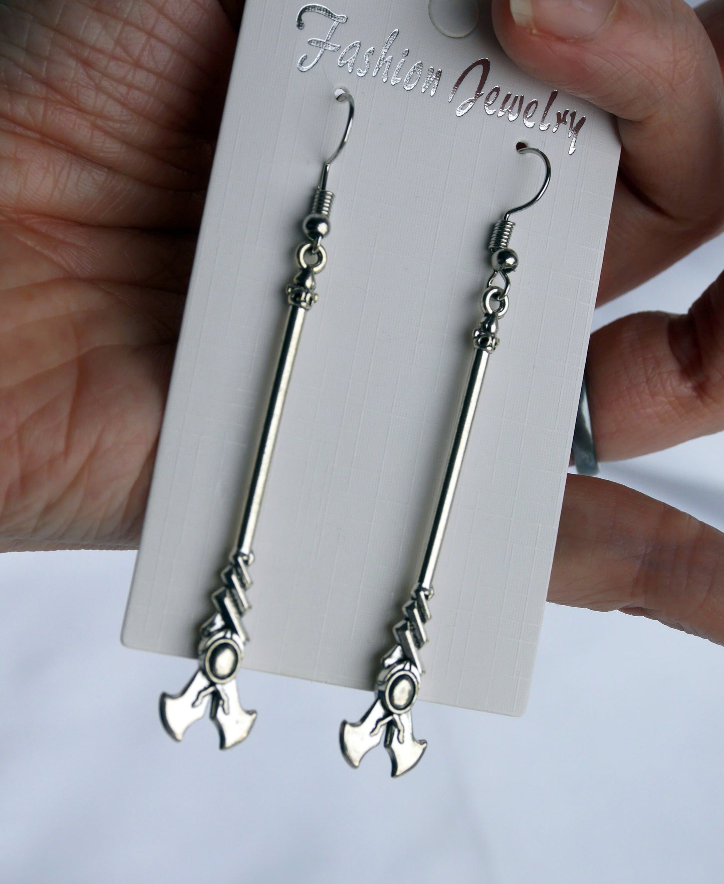 Fantasy Silver Tone Stave Shaped Earrings (Ear Hook, Stud or Clip On)