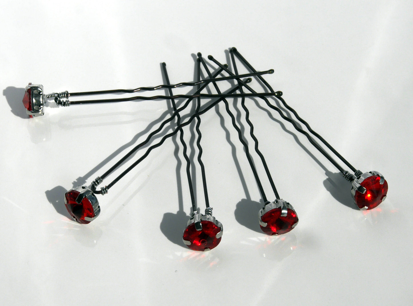 A set of 5 hand made wedding / ballet dance hair pins with Red glass diamante rhinestone (10 mm).