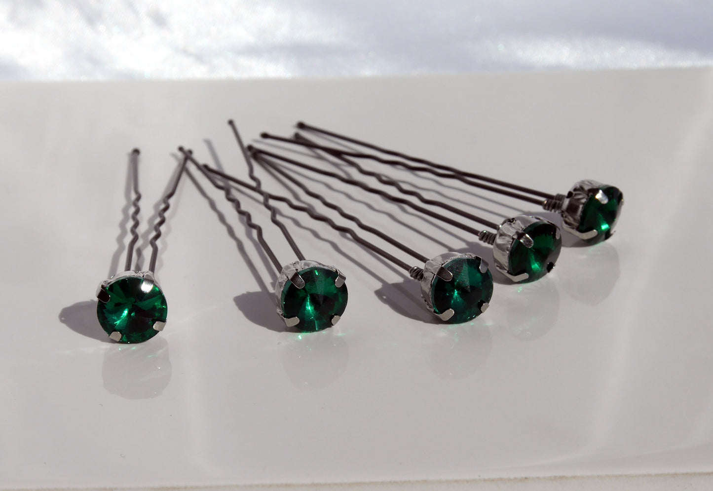 A set of 5 hand made wedding / ballet dance hair pins with Green glass diamante rhinestone (10 mm).