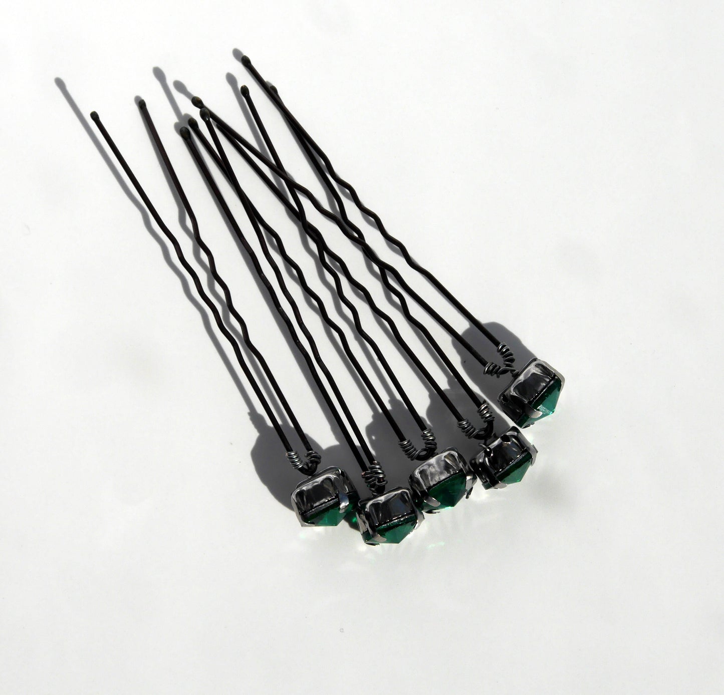 A set of 5 hand made wedding / ballet dance hair pins with Green glass diamante rhinestone (10 mm).