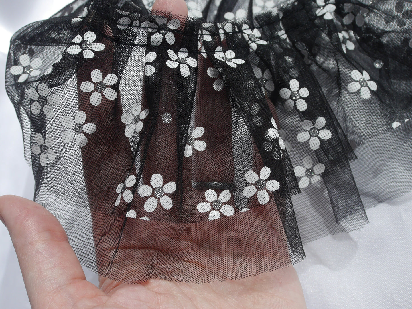 Black with White Flowers Ruffle Lace Choker (Non Elasticated)