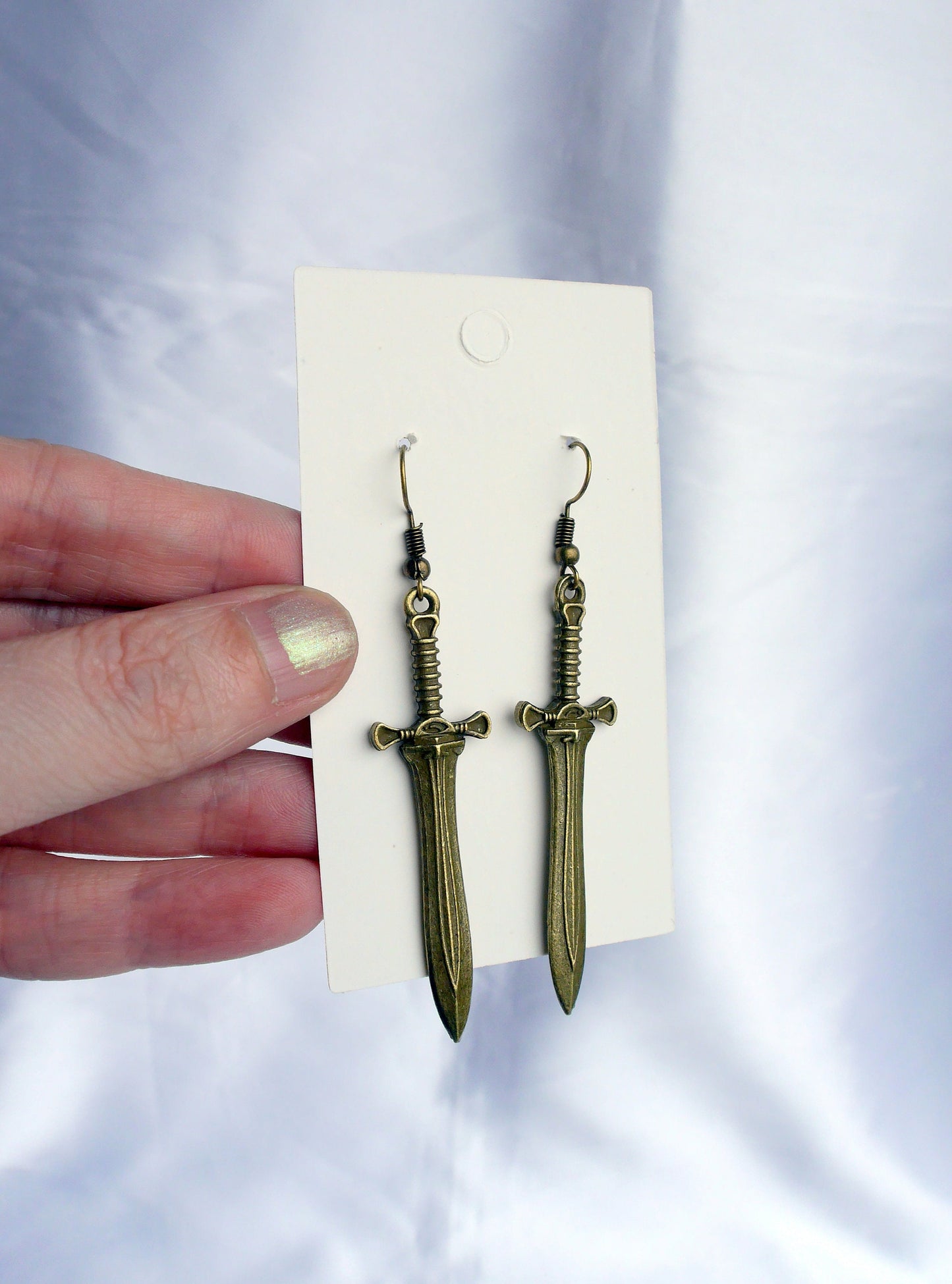 Bronze Fantasy Blade Sword Shaped Earrings (Ear Hook, Stud or Clip On)