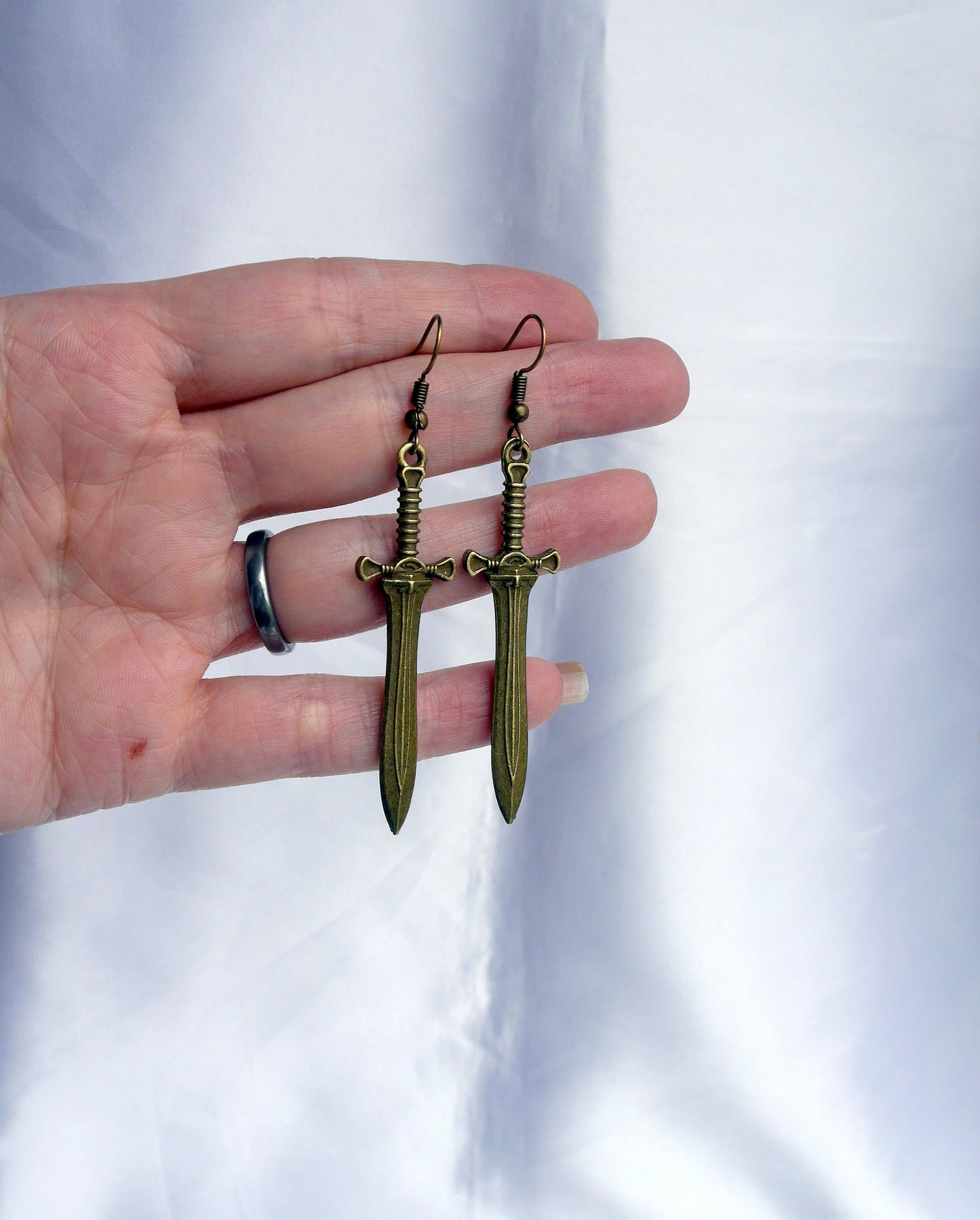 Bronze Fantasy Blade Sword Shaped Earrings (Ear Hook, Stud or Clip On)
