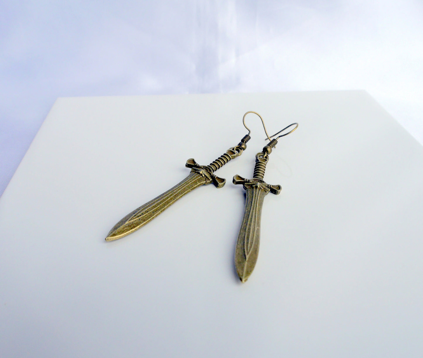 Bronze Fantasy Blade Sword Shaped Earrings (Ear Hook, Stud or Clip On)