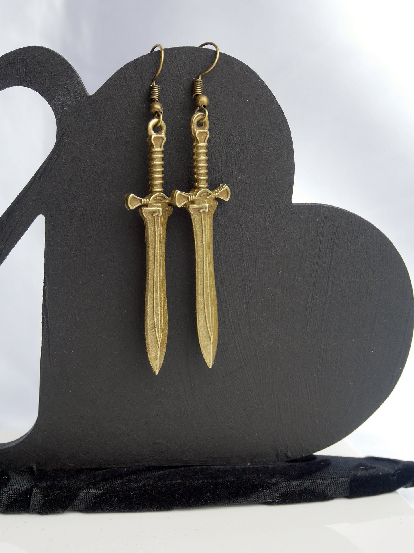 Bronze Fantasy Blade Sword Shaped Earrings (Ear Hook, Stud or Clip On)