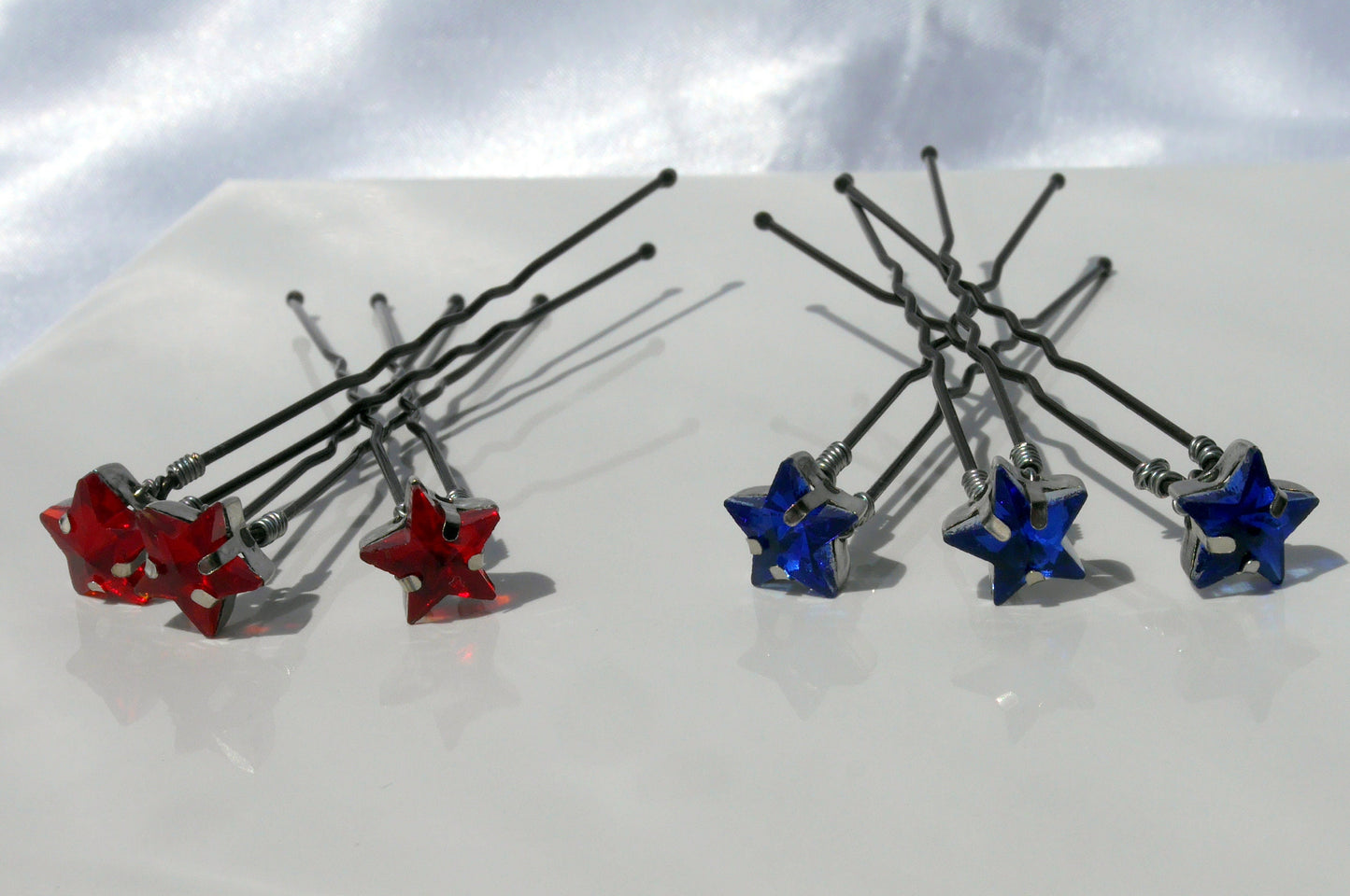 Star Shaped Diamante Hair Pins in Red, Clear Blue, Black, Pink, Green (Set of 5)