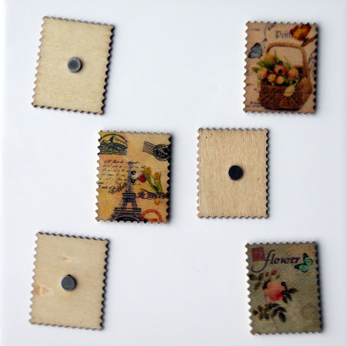 Large Landmark Stamp Style Shaped Wooden Magnets (Set of 5 Magnets)