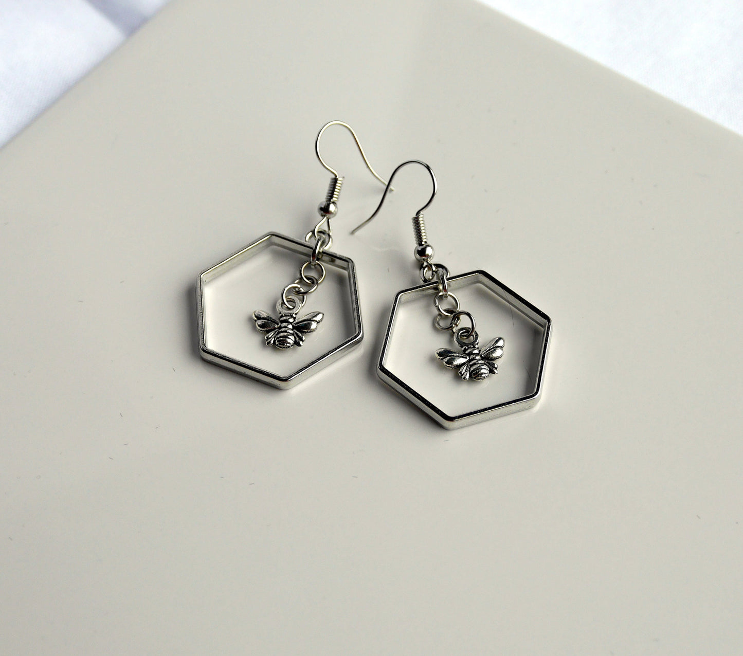 Silver Toned Honeybee Hexagon Earrings (Ear Hook, Stud and Clip On)