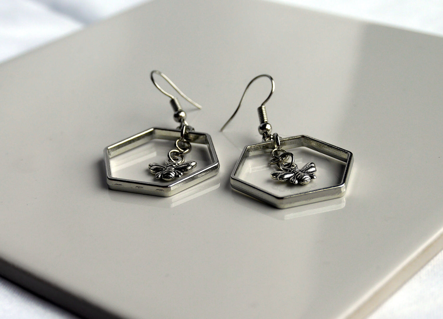 Silver Toned Honeybee Hexagon Earrings (Ear Hook, Stud and Clip On)
