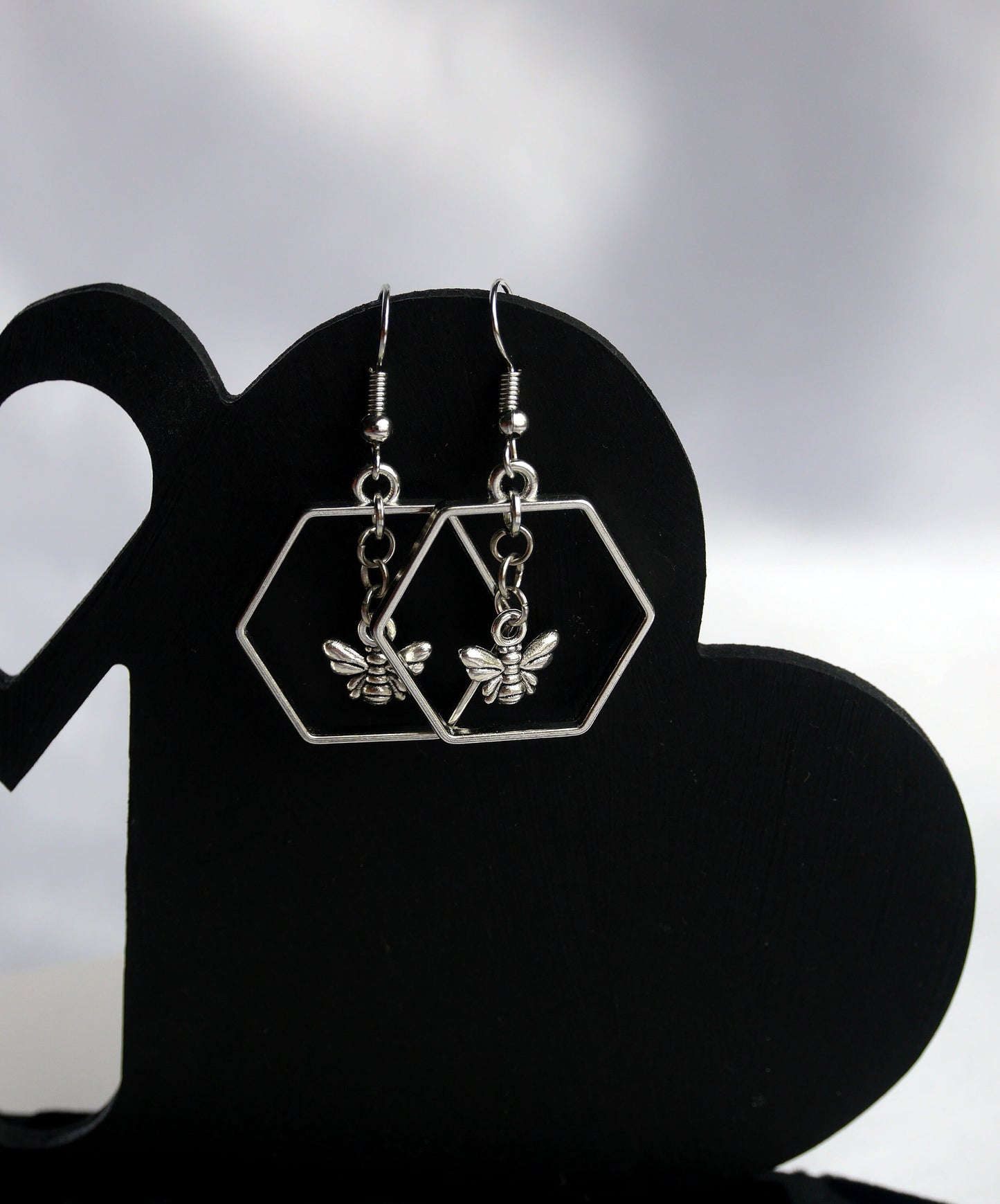Silver Toned Honeybee Hexagon Earrings (Ear Hook, Stud and Clip On)