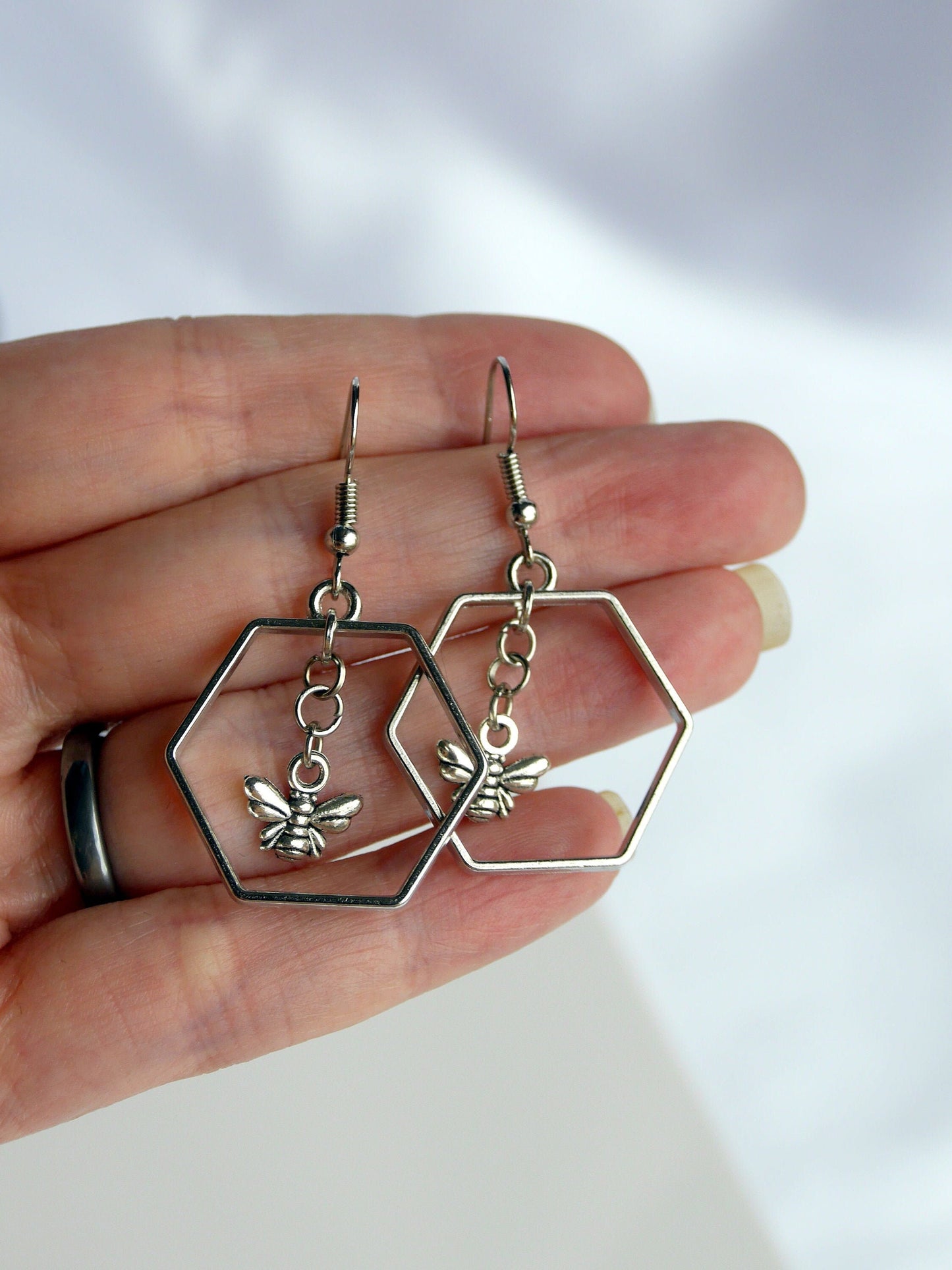 Silver Toned Honeybee Hexagon Earrings (Ear Hook, Stud and Clip On)