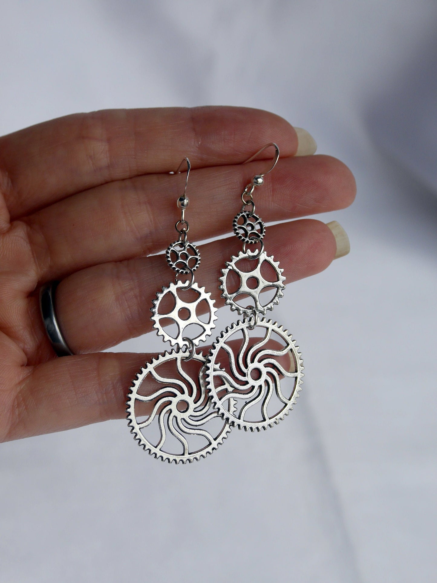 Silver Tone Gear and Cog Steampunk Earrings (Ear Hook, Stud and Clip On)
