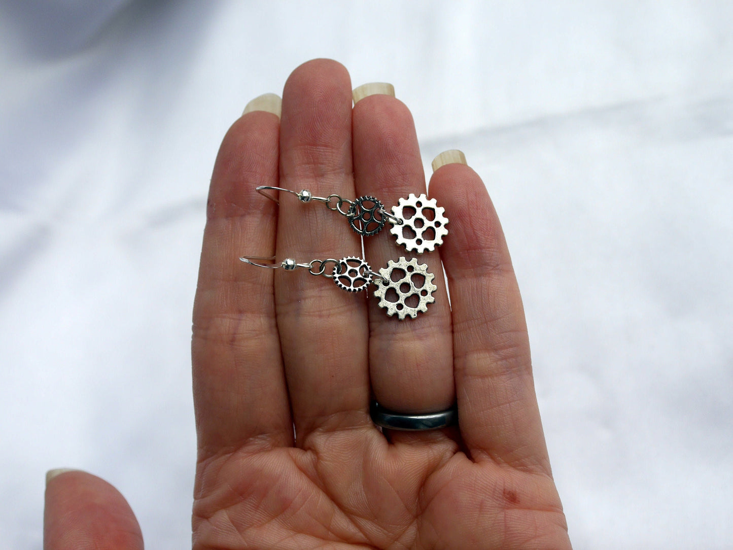 Silver Tone Cog Gear Industrial Steampunk Style Earrings (Ear Hook, Stud and Clip On)