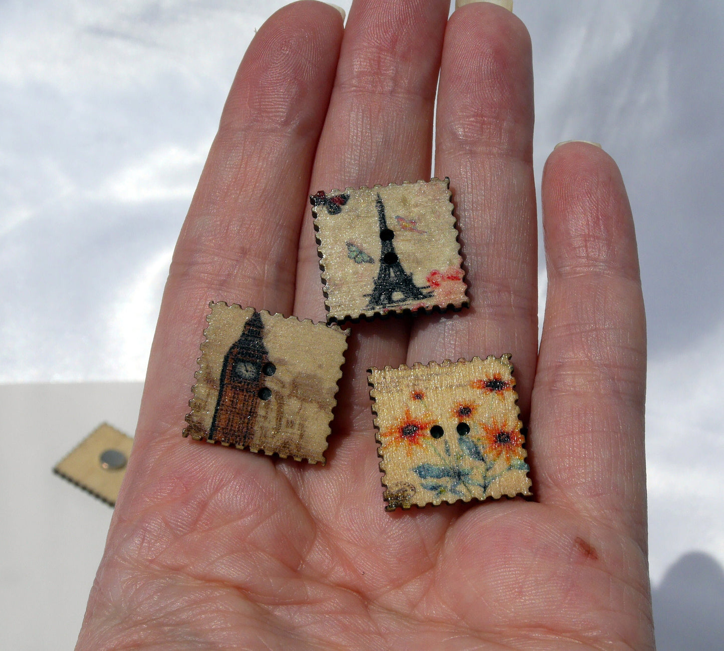 Landmark Square Stamp Shaped Wooden Magnets (Set of 5 Magnets)