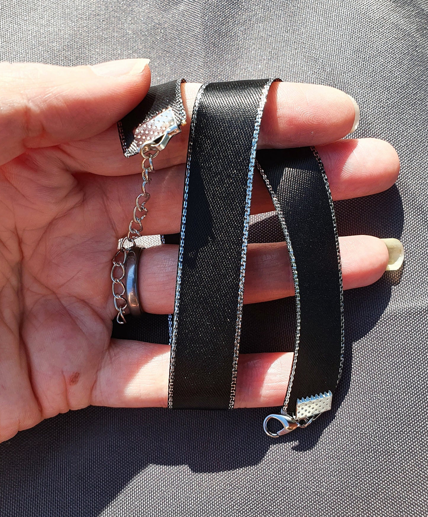 Silver Edge Black Satin Choker (Non Elasticated)