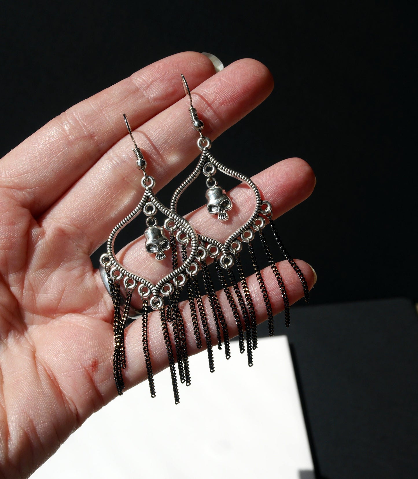 Gothic Silver Mini Skull and Chain Earrings