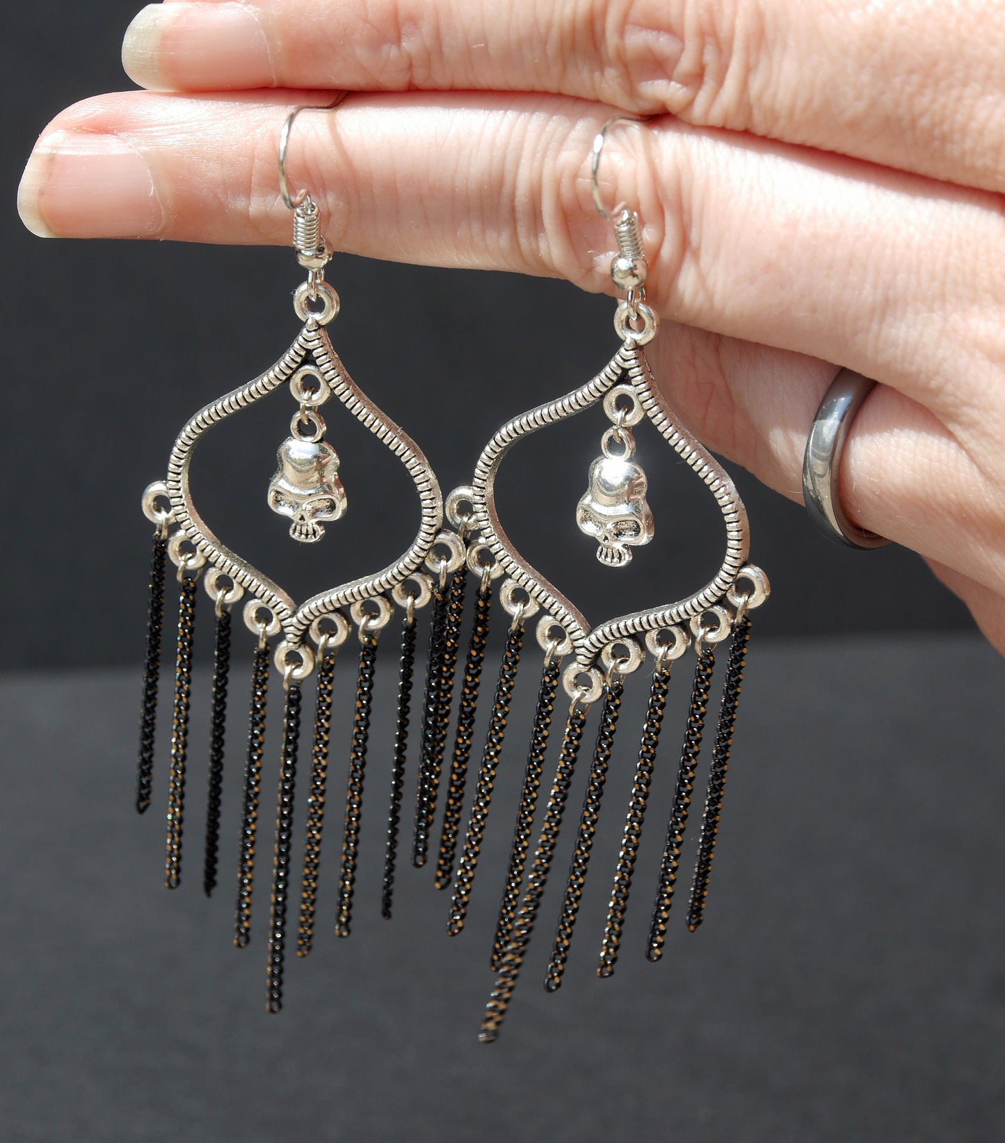 Gothic Silver Mini Skull and Chain Earrings