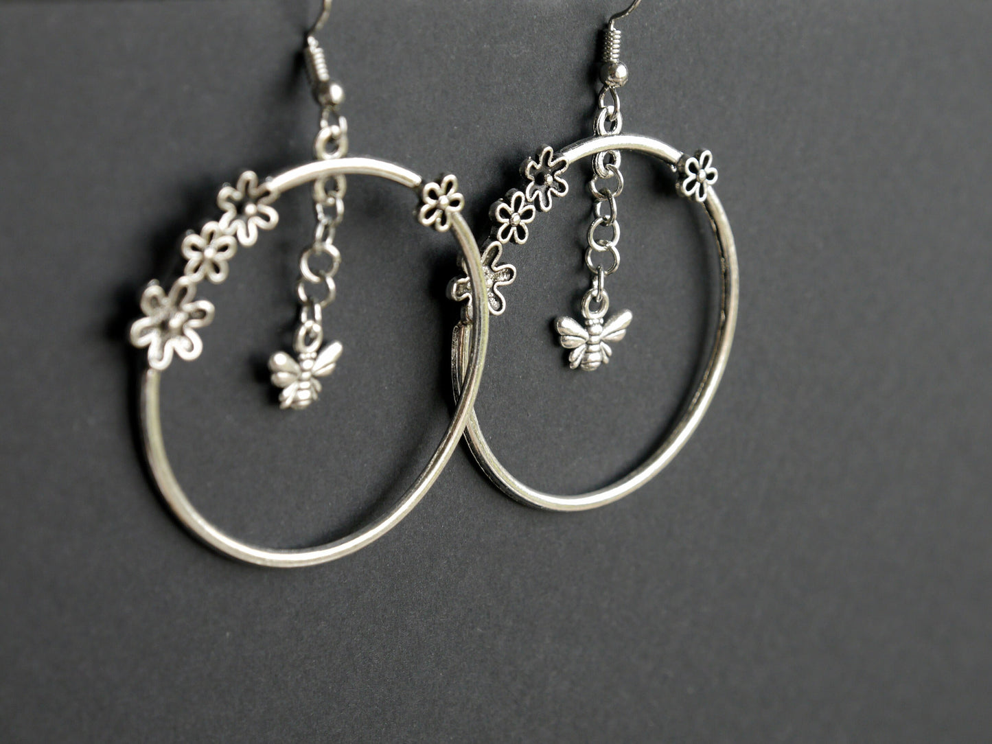 Silver Honeybee and Hoop Flower Earrings (Ear Hook, Stud and Clip On)