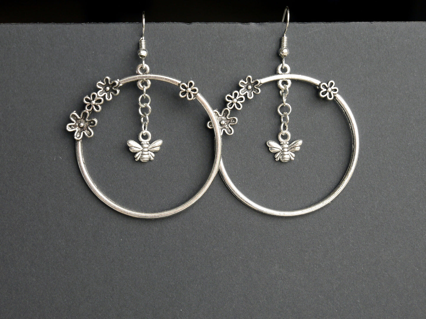 Silver Honeybee and Hoop Flower Earrings (Ear Hook, Stud and Clip On)
