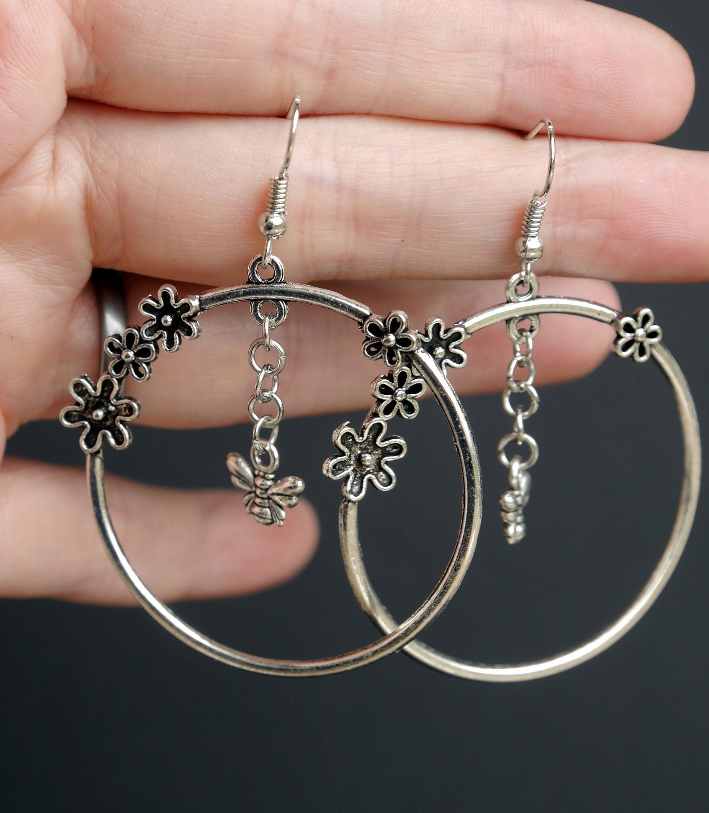 Silver Honeybee and Hoop Flower Earrings (Ear Hook, Stud and Clip On)