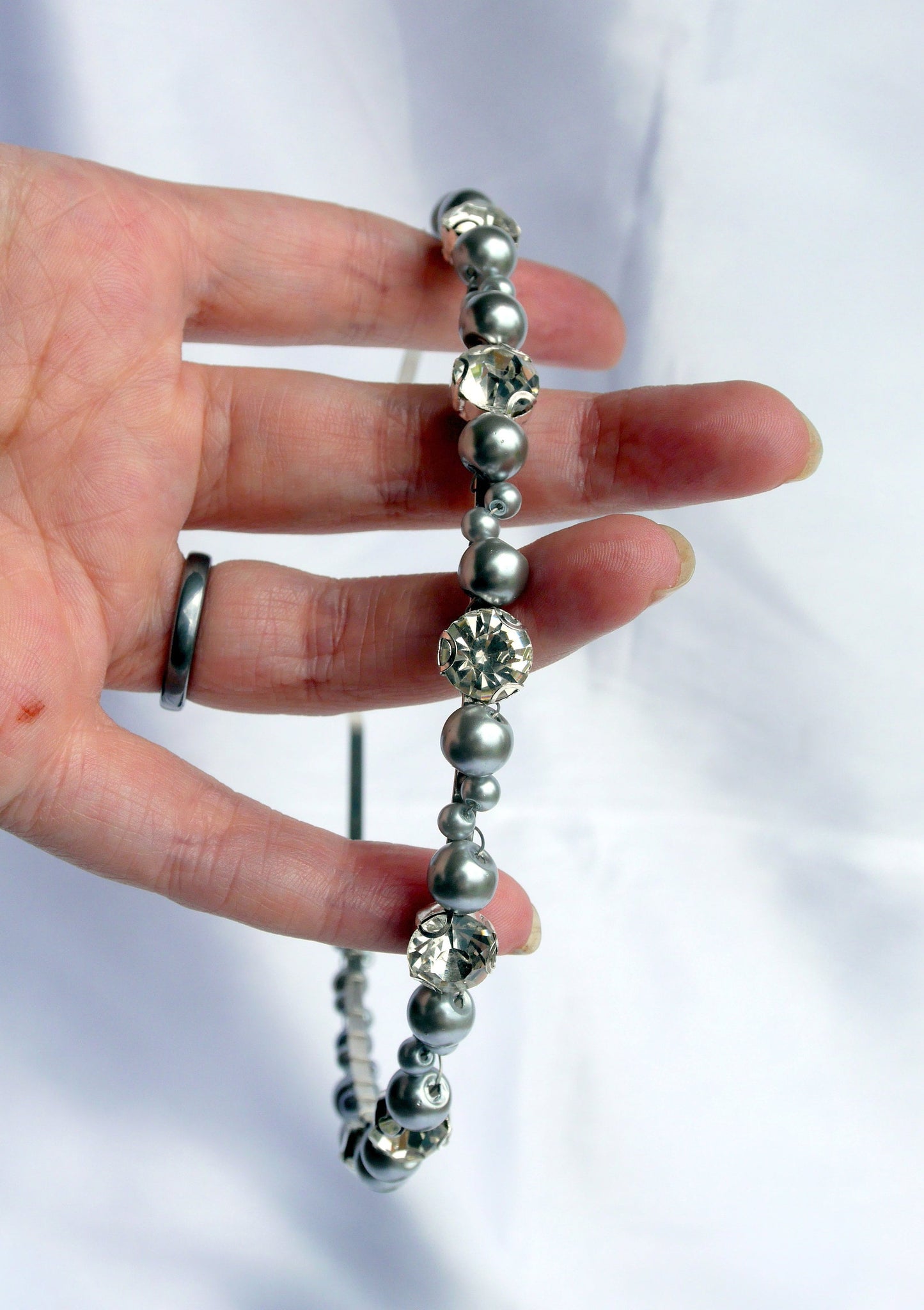 Thin Silver Grey Pearl Tiara Wedding Hair Accessory