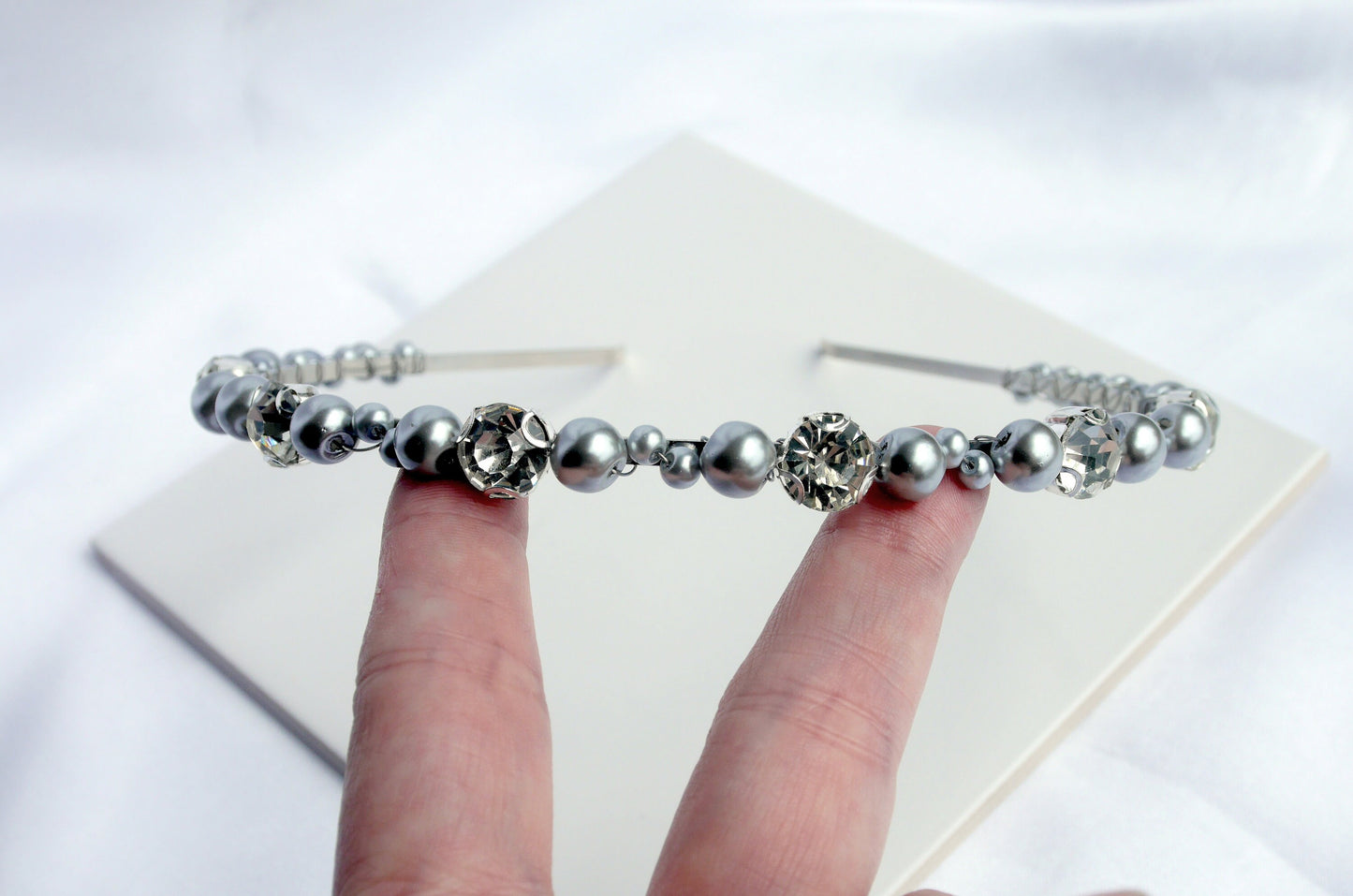Thin Silver Grey Pearl Tiara Wedding Hair Accessory