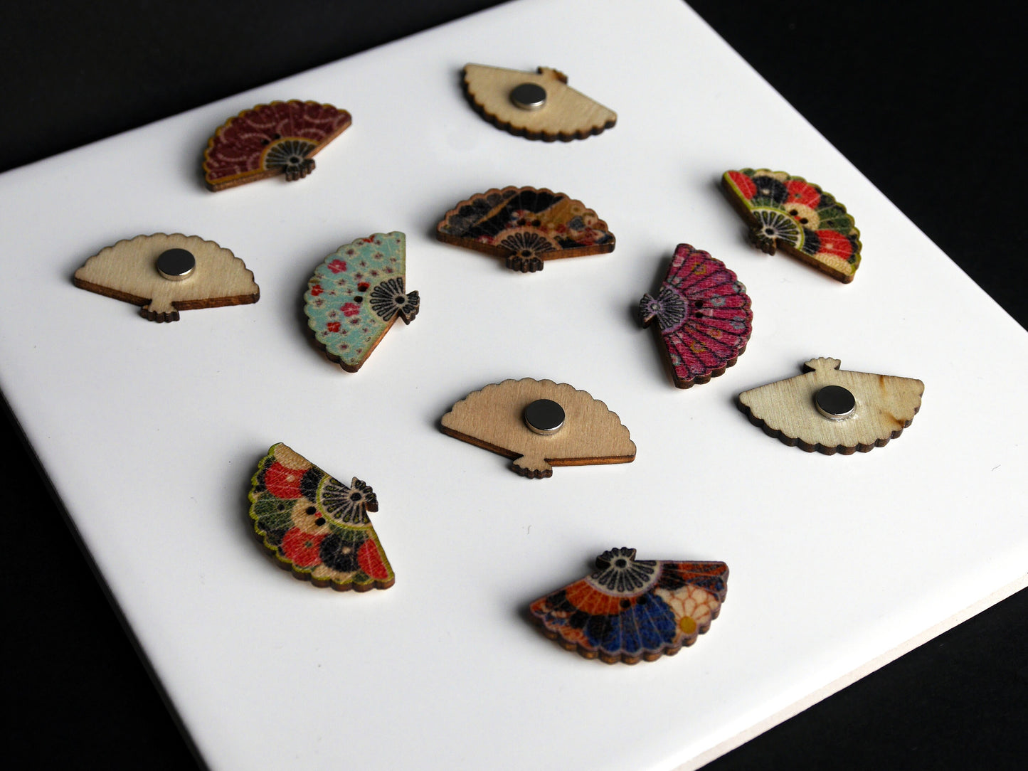 Oriental Fan Shaped Wooden Mini Fridge Magnets (Set of 5 Magnets)