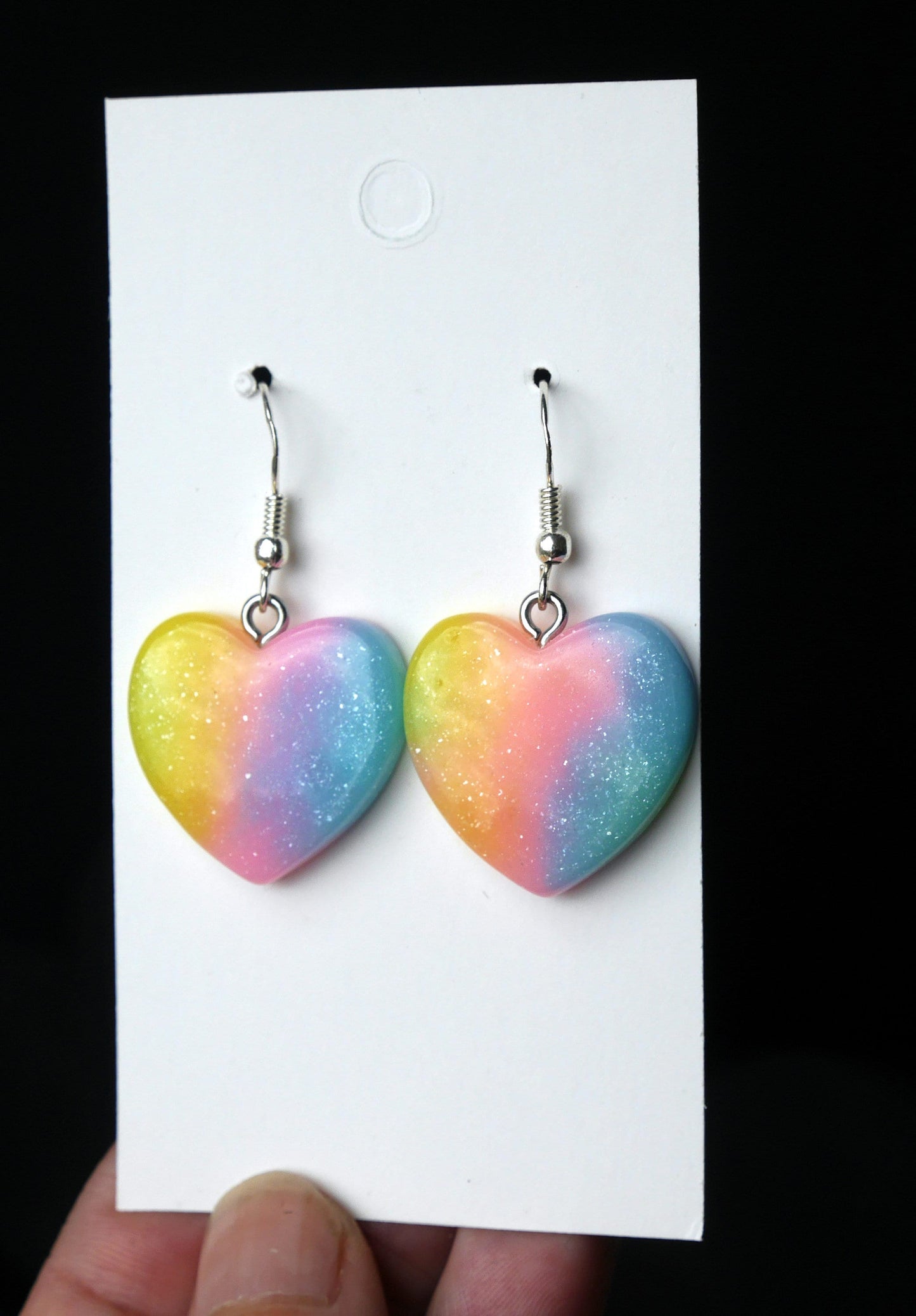 Pastel Kidcore Rainbow Heart Shaped Glitter Earrings (Ear Hook, Stud or Clip On)