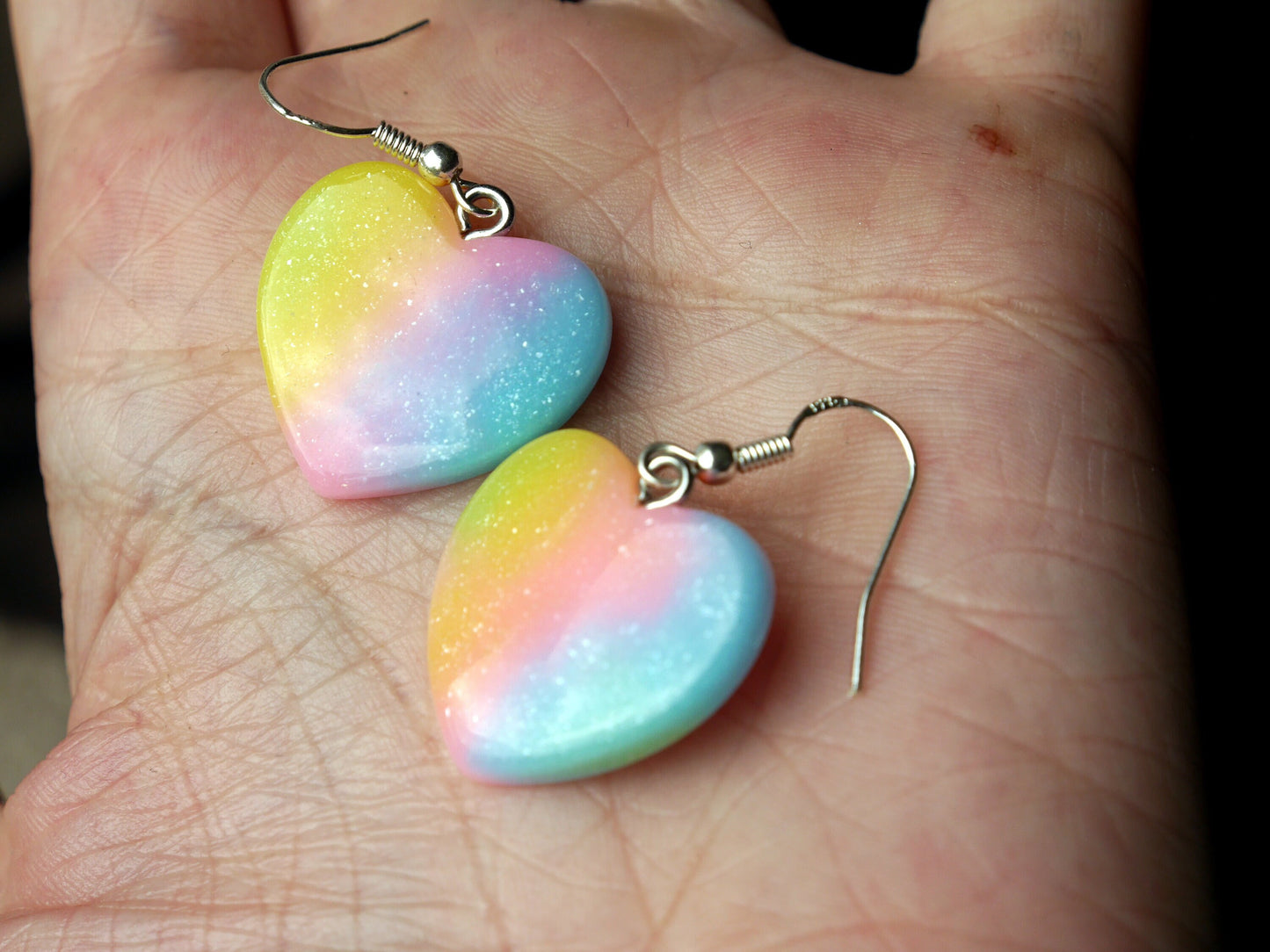 Pastel Kidcore Rainbow Heart Shaped Glitter Earrings (Ear Hook, Stud or Clip On)