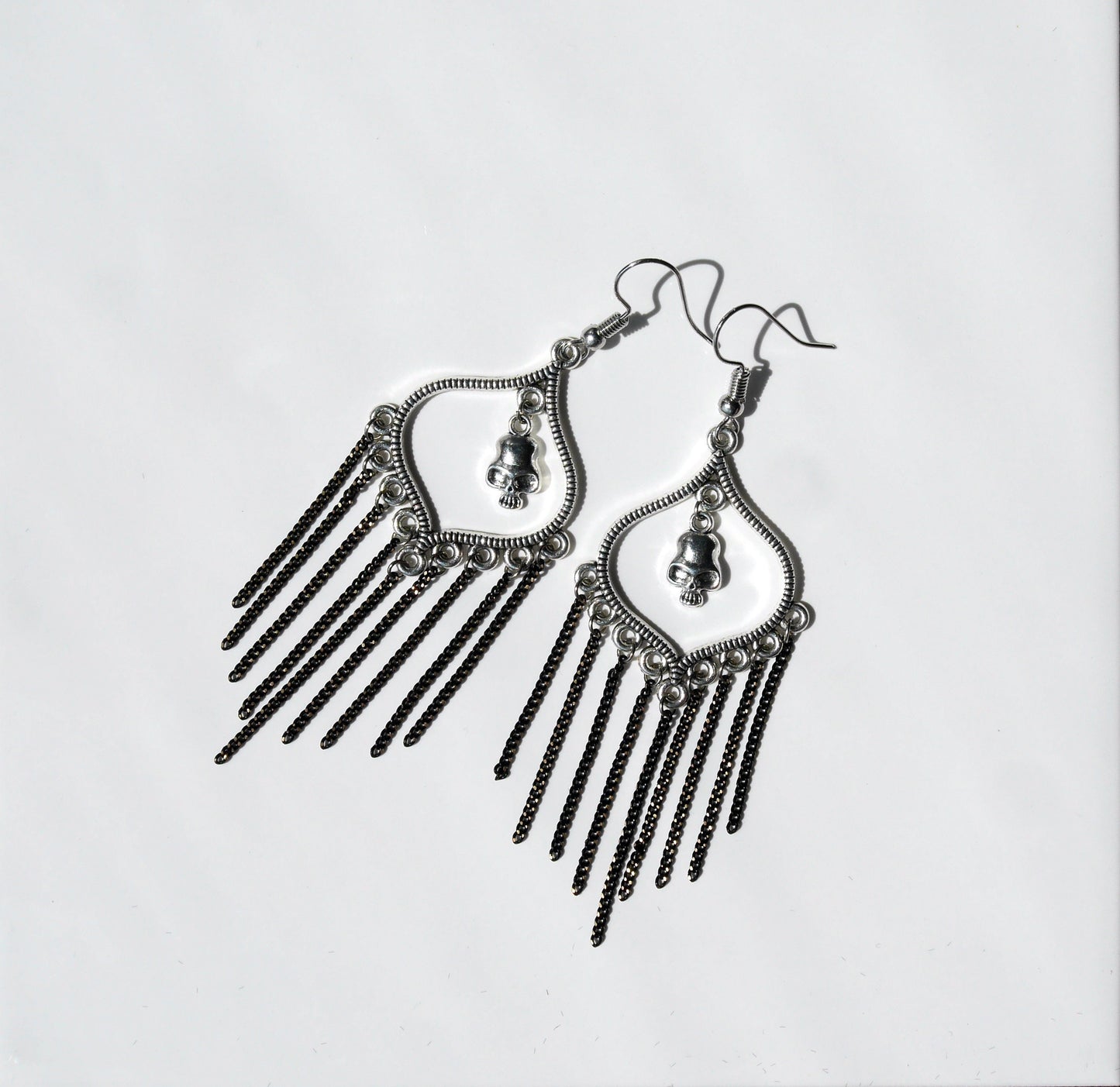 Gothic Silver Mini Skull and Chain Earrings