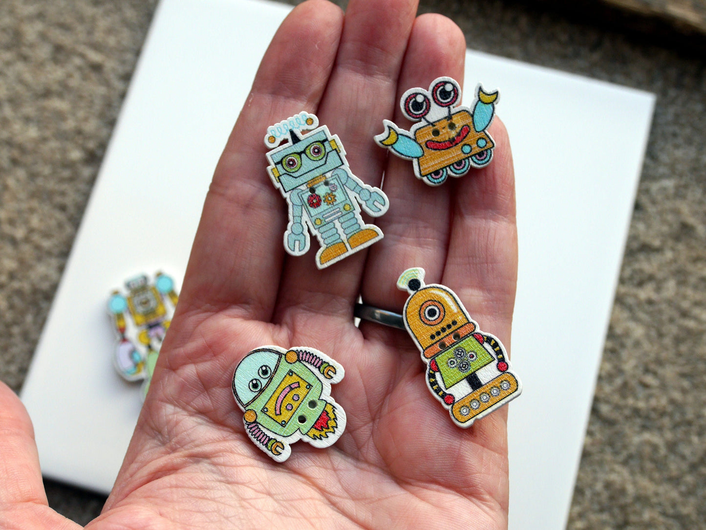 Colourful Robot Shaped Wooden Mini Fridge Magnets - (Set of 5 Magnets)
