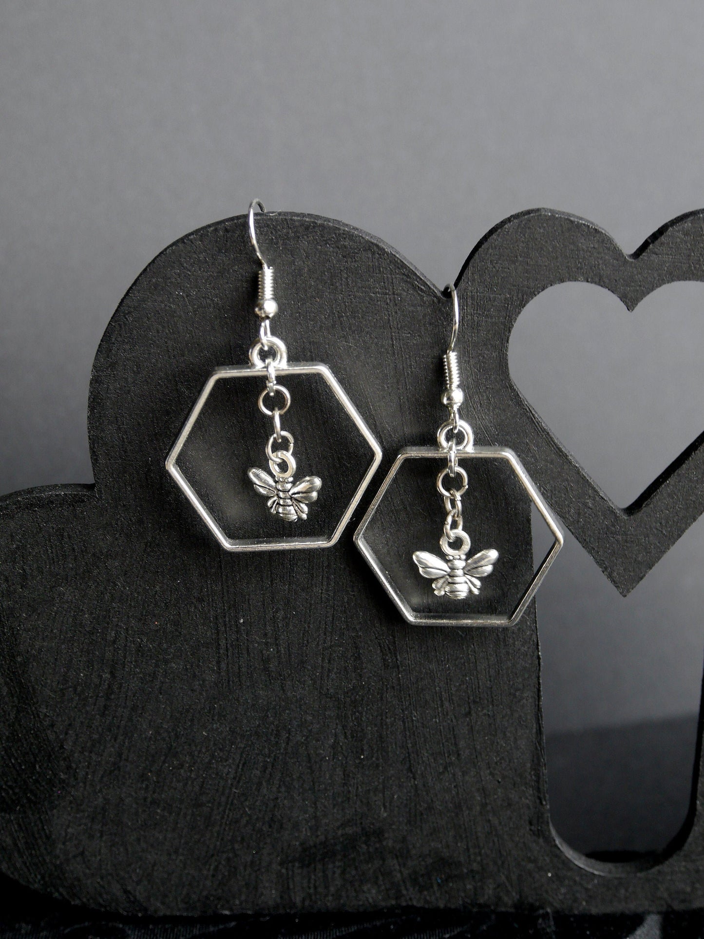 Silver Toned Honeybee Hexagon Earrings (Ear Hook, Stud and Clip On)
