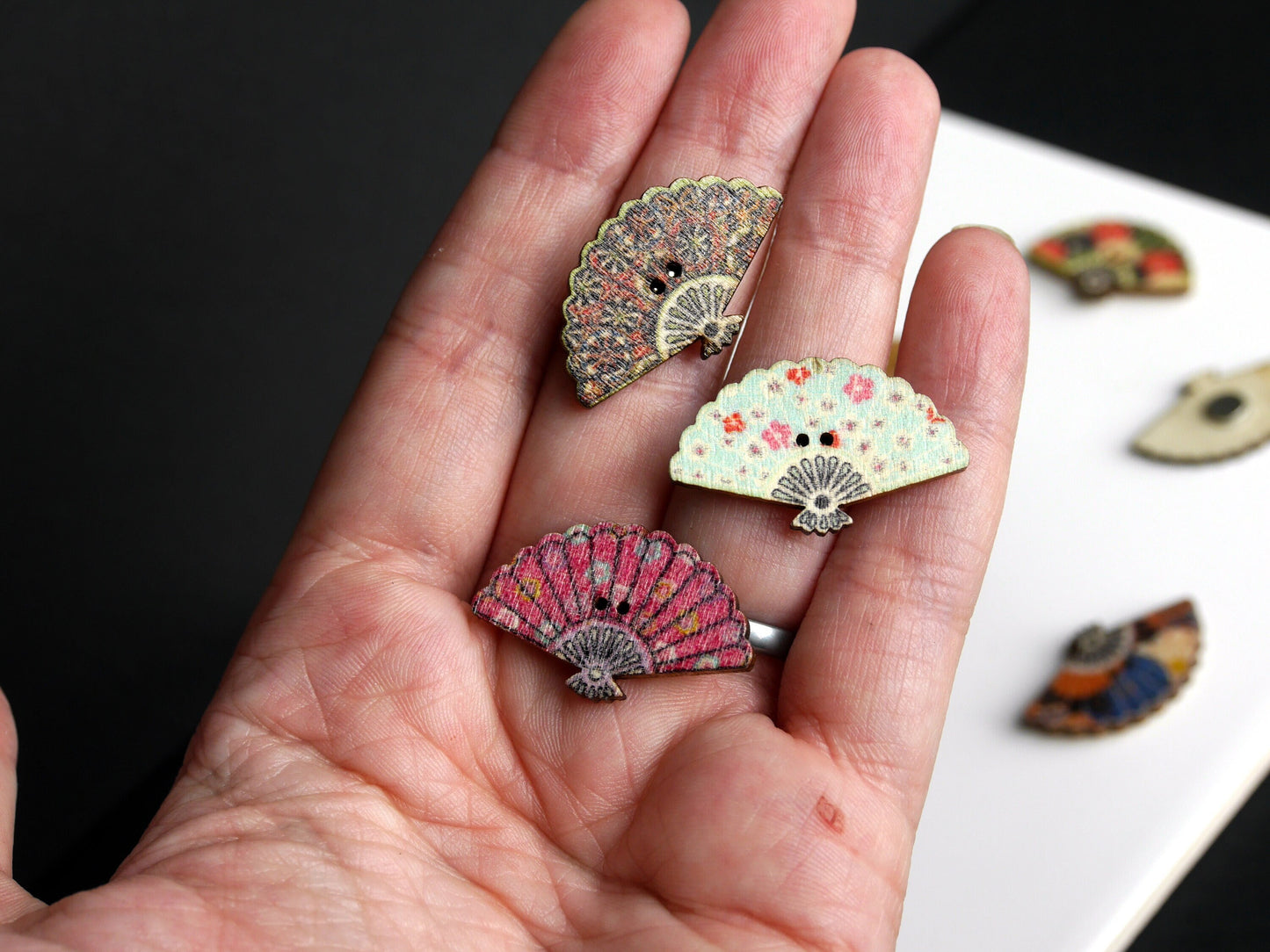 Oriental Fan Shaped Wooden Mini Fridge Magnets (Set of 5 Magnets)