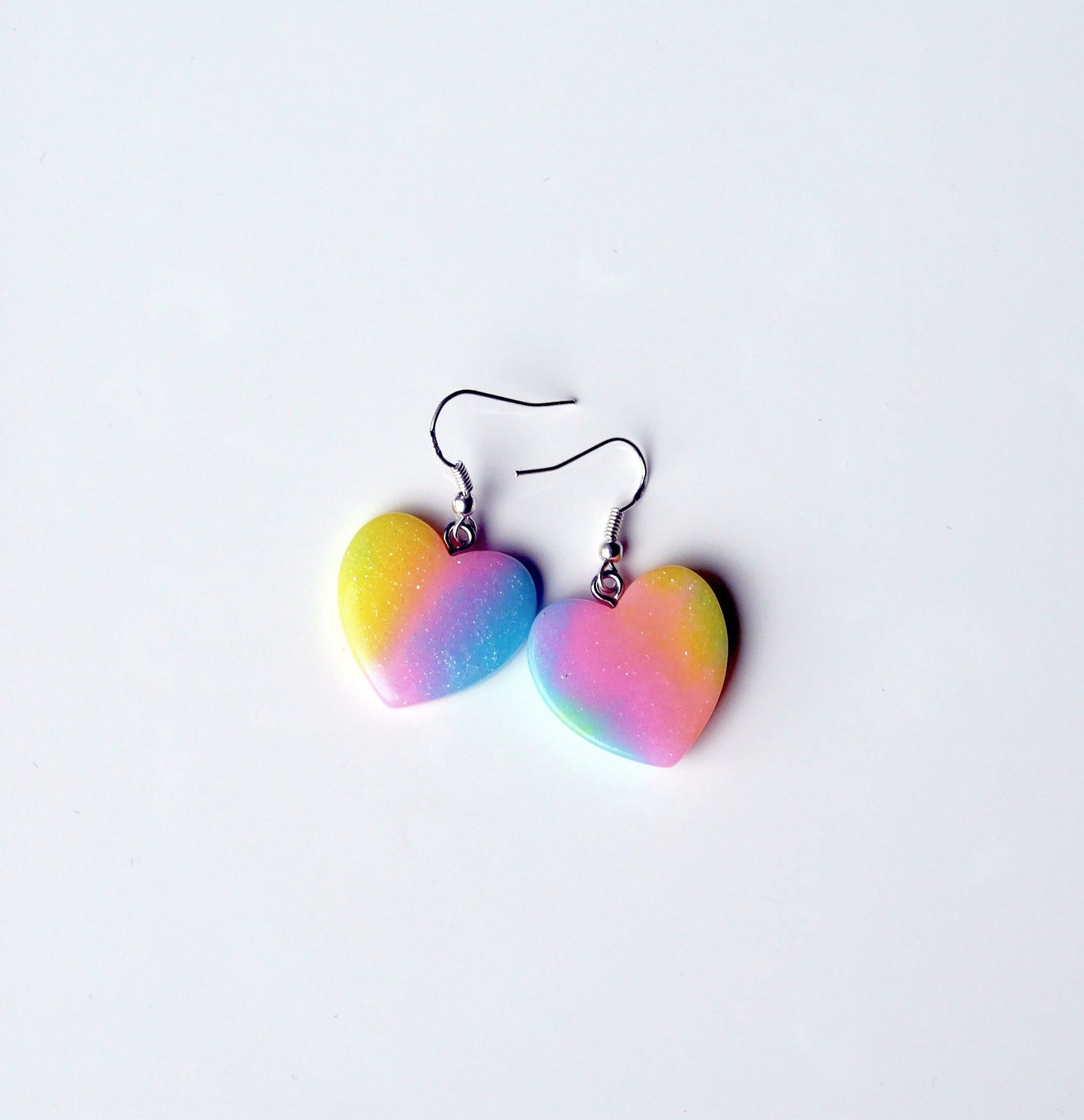 Pastel Kidcore Rainbow Heart Shaped Glitter Earrings (Ear Hook, Stud or Clip On)