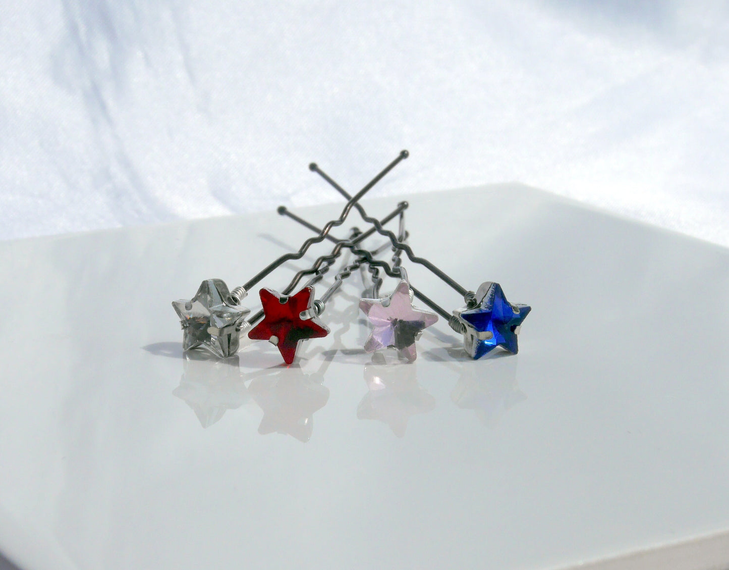 Star Shaped Diamante Hair Pins in Red, Clear Blue, Black, Pink, Green (Set of 5)